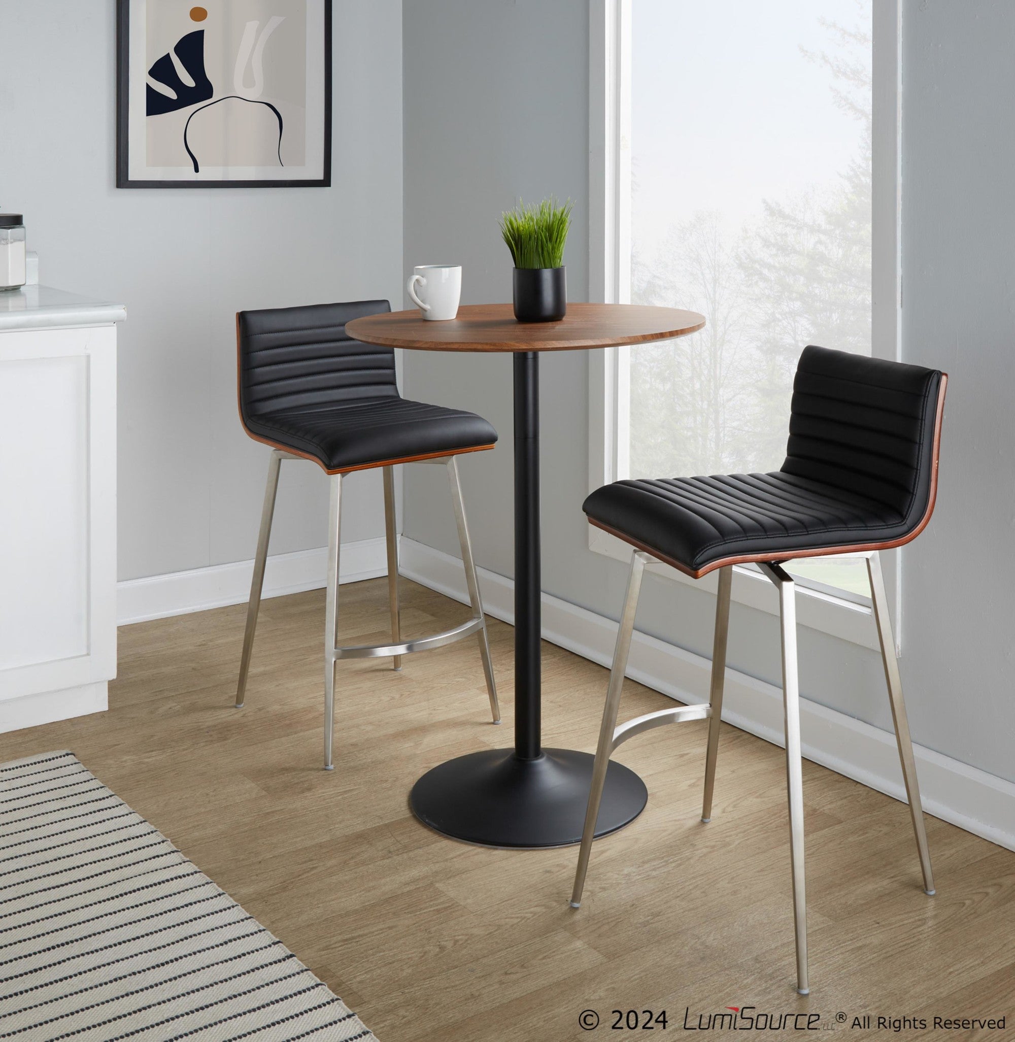 Pebble-mason Swivel Counter Height Dining Set - 3 Piece - Black Metal, Walnut Wood, Black PU, Stainless Steel
