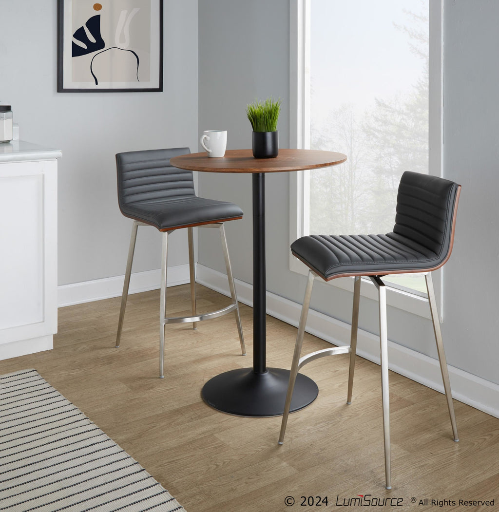 Pebble-mason Swivel Counter Height Dining Set - 3 Piece - Black Metal, Walnut Wood, Grey PU, Stainless Steel