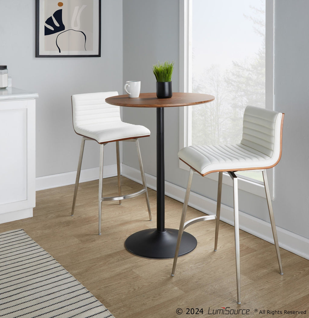 Pebble-mason Swivel Counter Height Dining Set - 3 Piece - Black Metal, Walnut Wood, White PU, Stainless Steel