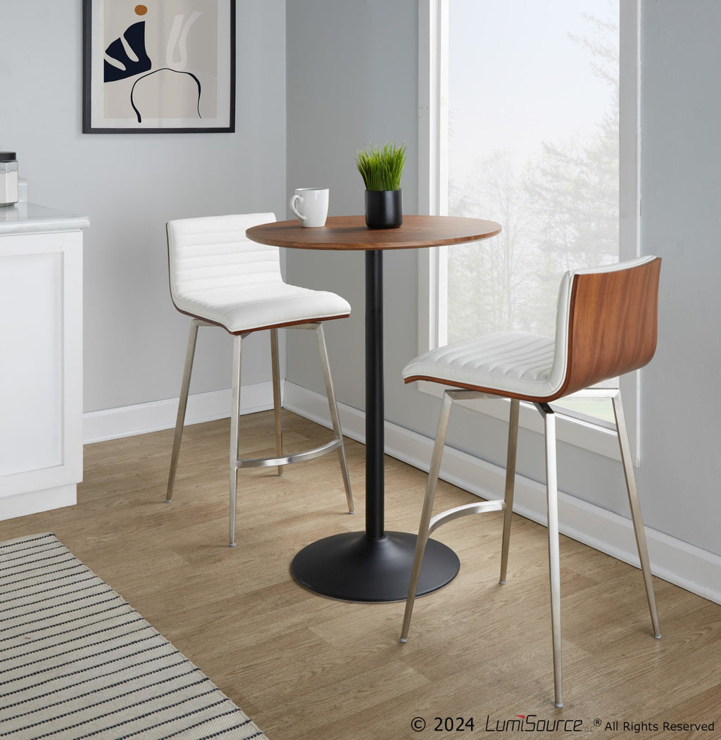 Pebble-mason Swivel Counter Height Dining Set - 3 Piece - Black Metal, Walnut Wood, White PU, Stainless Steel