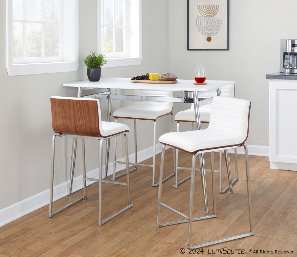 Mara 26" Fixed-Height Counter Stool - Set of 2 - Brushed Stainless Steel, Walnut Wood, White PU