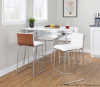 Mara 26" Fixed-Height Counter Stool - Set of 2 - Brushed Stainless Steel, Walnut Wood, White PU