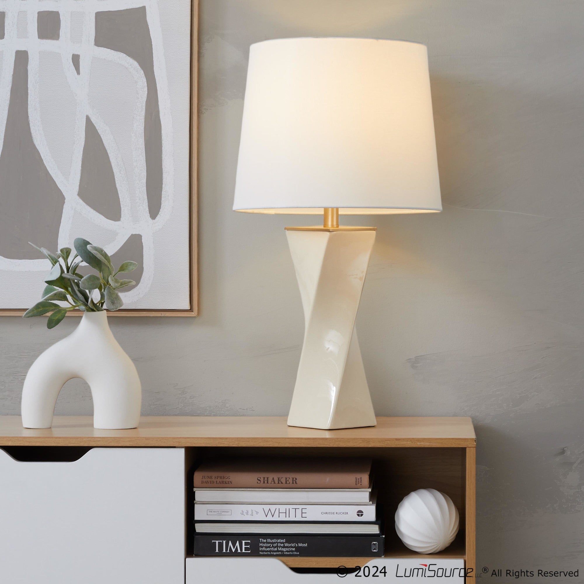 Curvo Square 27" Ceramic Table Lamp - Cream Ceramic, White Shade