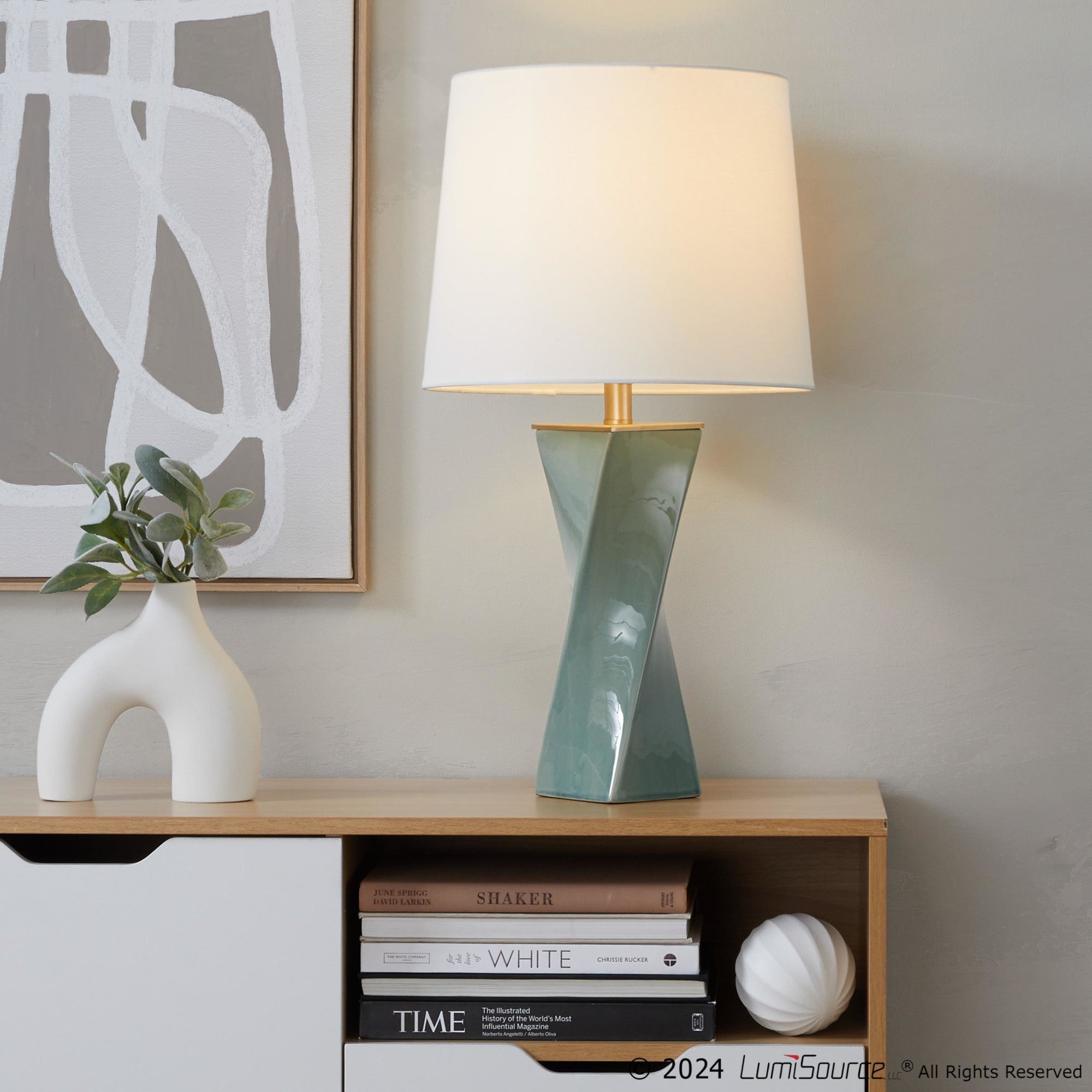 Curvo Square 27" Ceramic Table Lamp - Sage Green Ceramic, White Linen