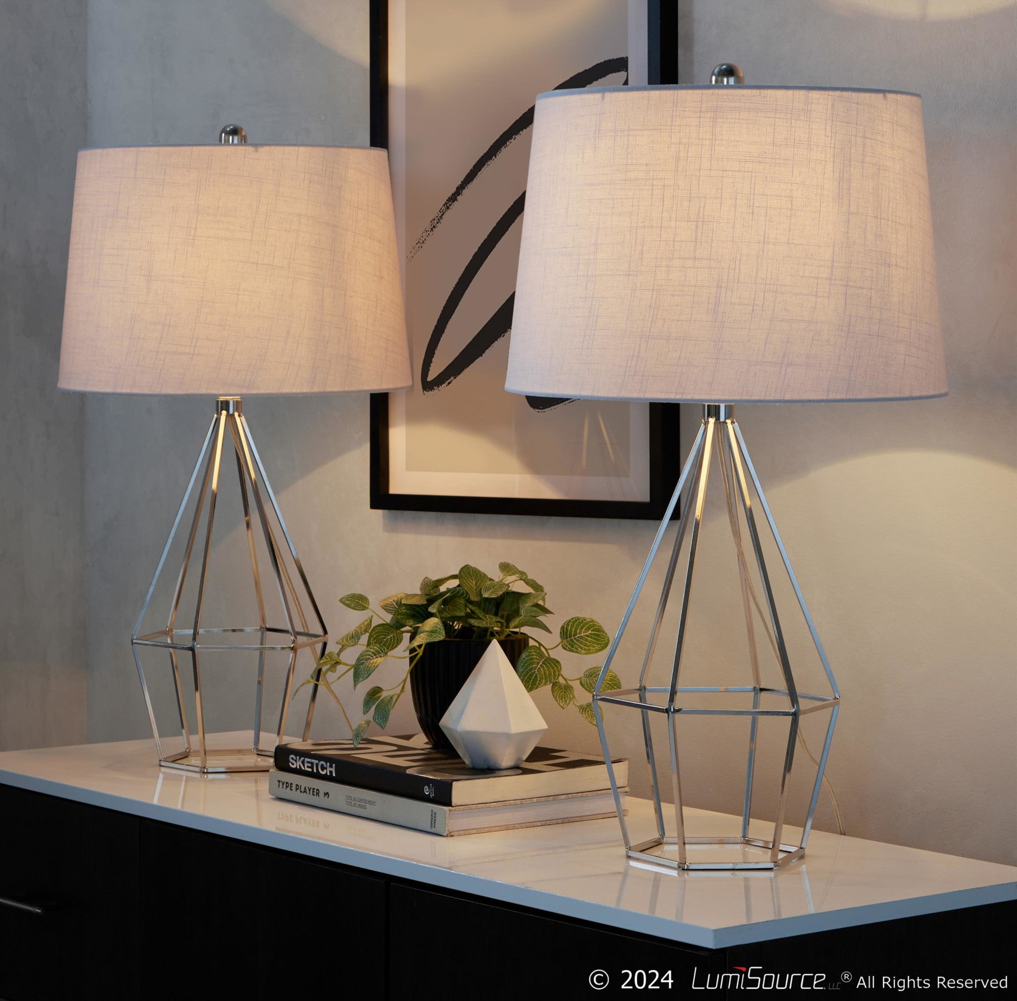 Geome 27" Metal Table Lamp - Set of 2 - Polished Nickel, White Linen