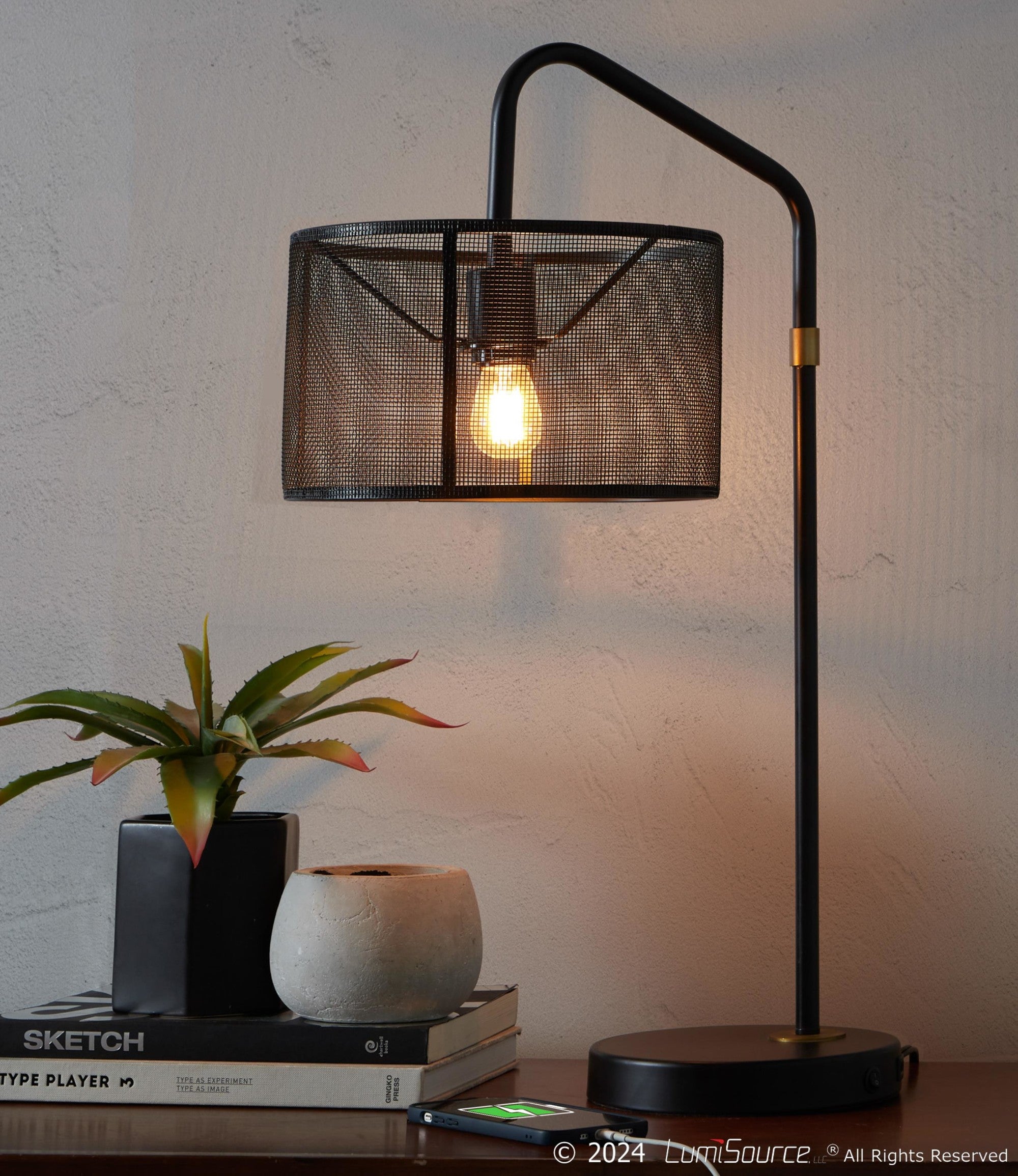 Mod Mesh 27" Metal Task Lamp With Usb - Set of 2 - Oil Bronze, Painted Gold Metal