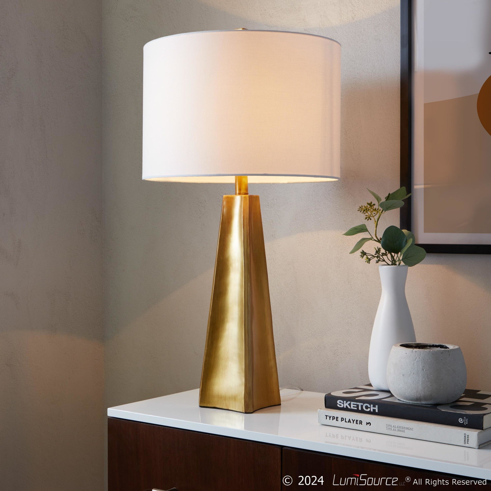 Pompeii 29" Polyresin Table Lamp - Gold Poyresin, White Linen