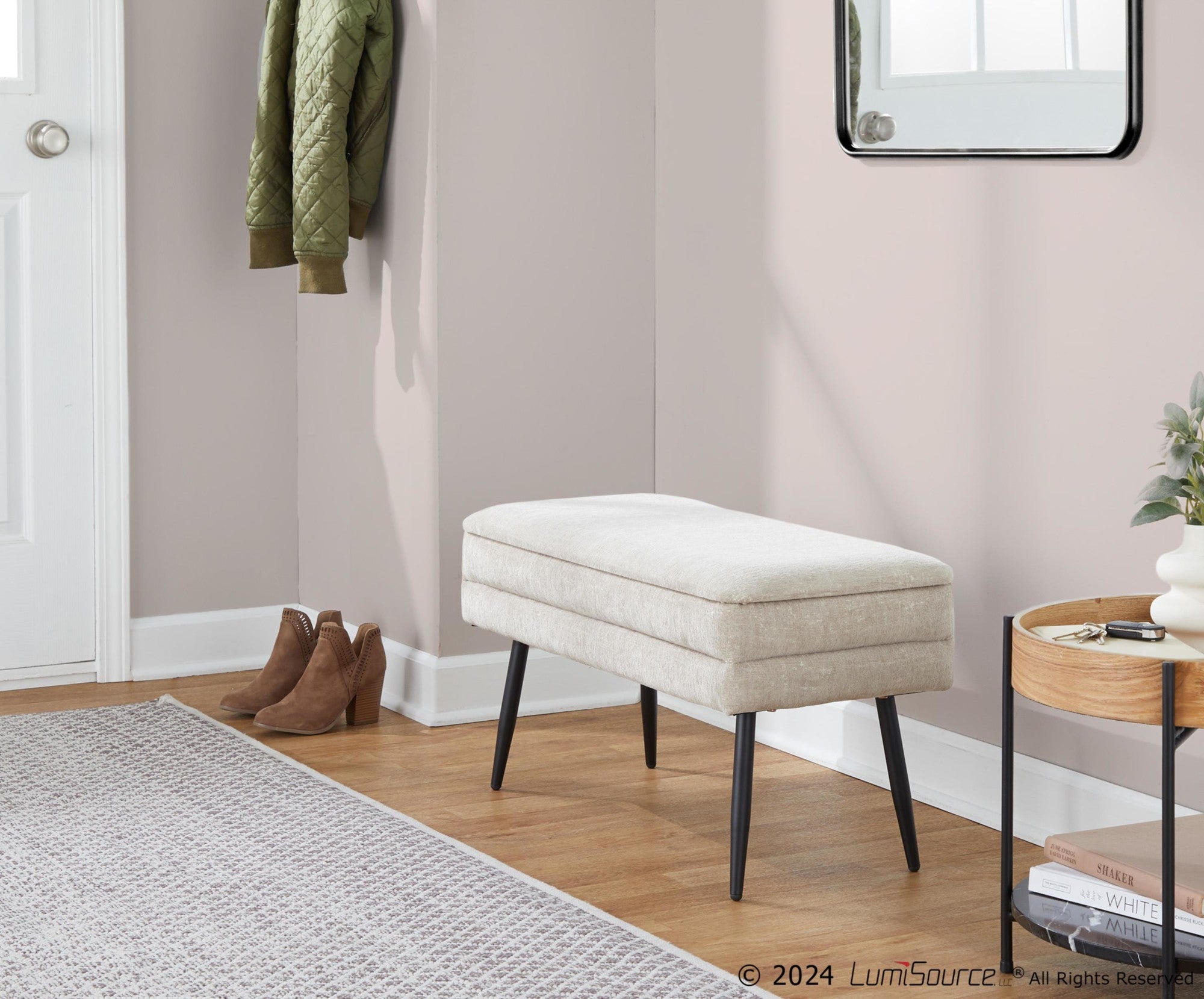 Neapolitan Storage Bench - Black Metal, Light Brown Fabric