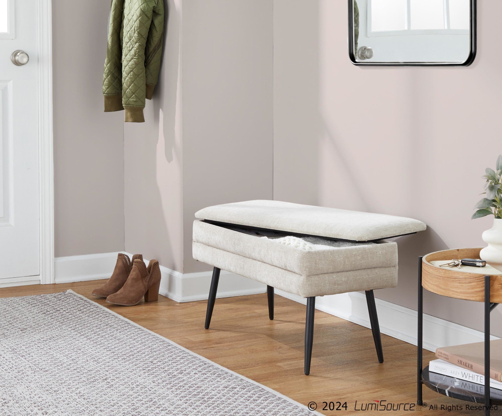 Neapolitan Storage Bench - Black Metal, Light Brown Fabric
