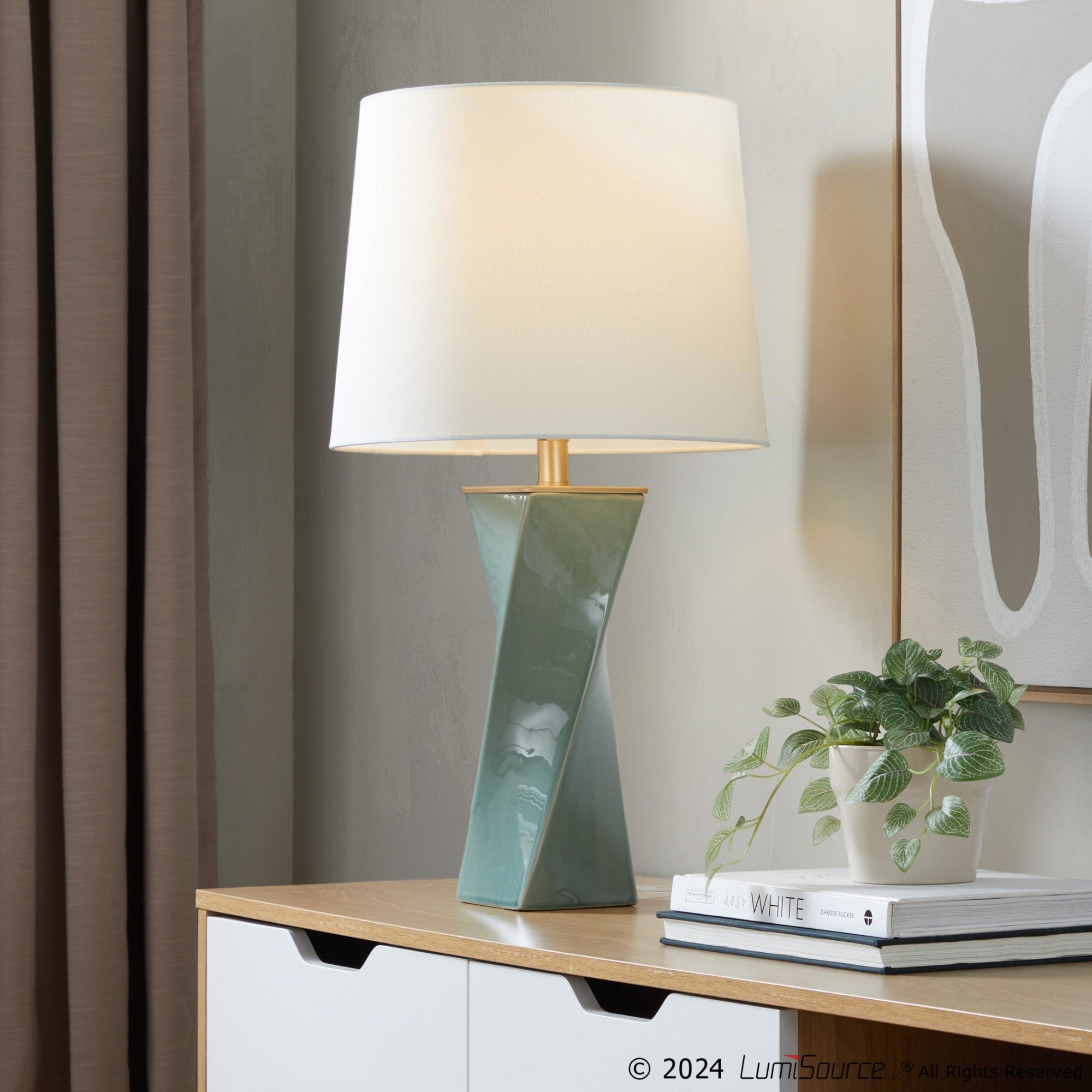 Curvo Square 27" Ceramic Table Lamp - Sage Green Ceramic, White Linen