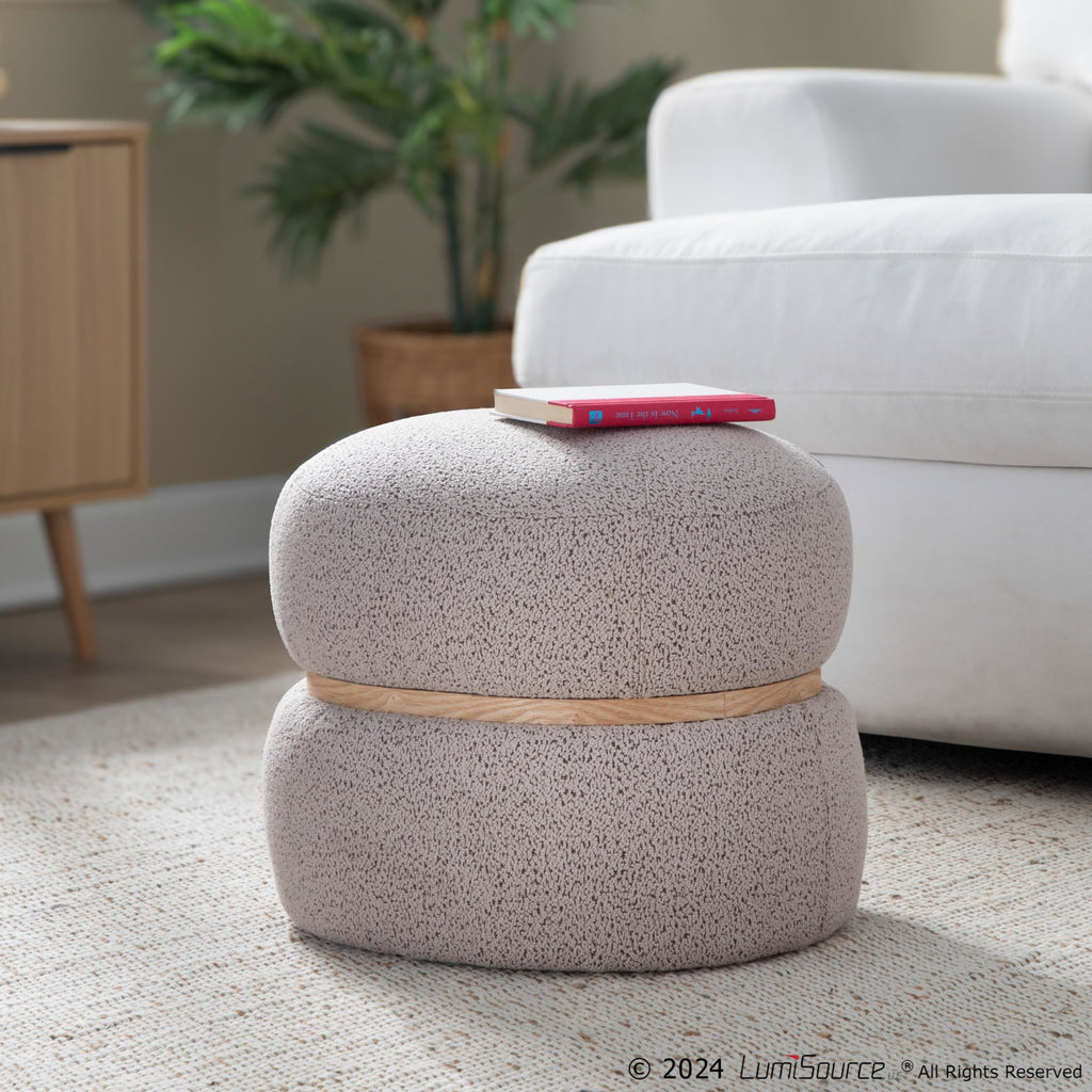 Cinch Pouf Ottoman - Natural Wood, Beige Fabric