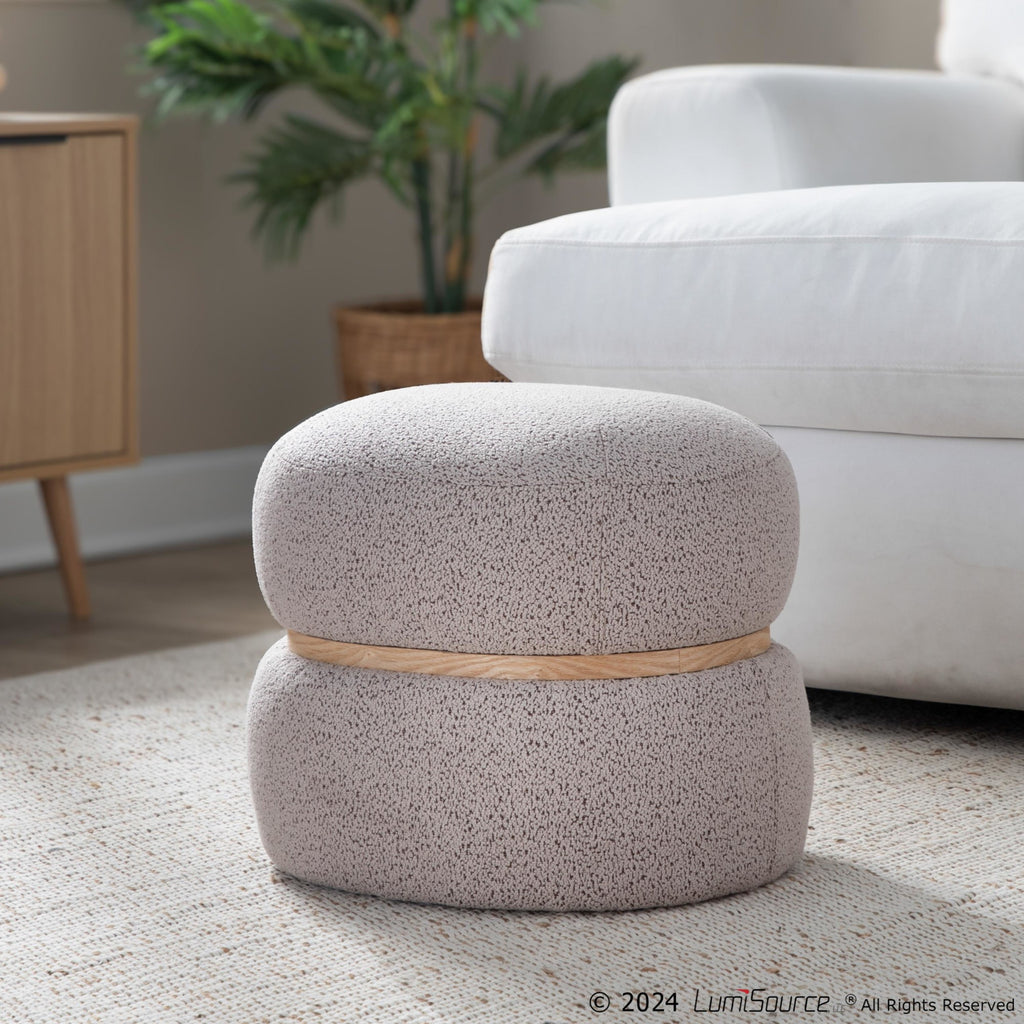 Cinch Pouf Ottoman - Natural Wood, Beige Fabric