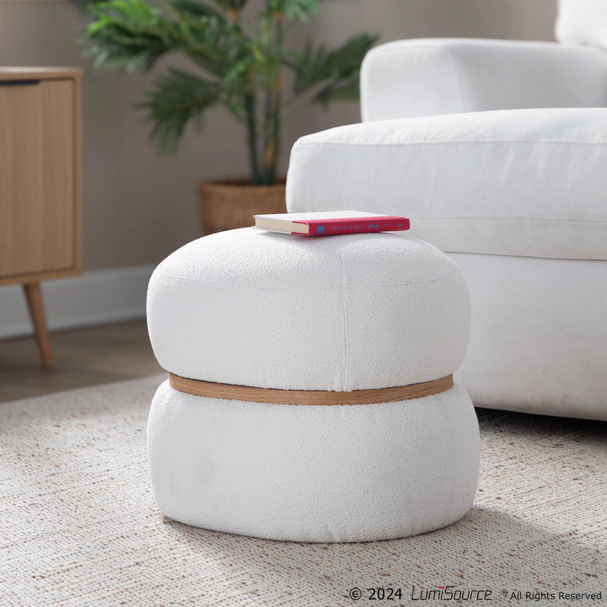 Cinch Pouf Ottoman - Natural Wood, Cream Fabric