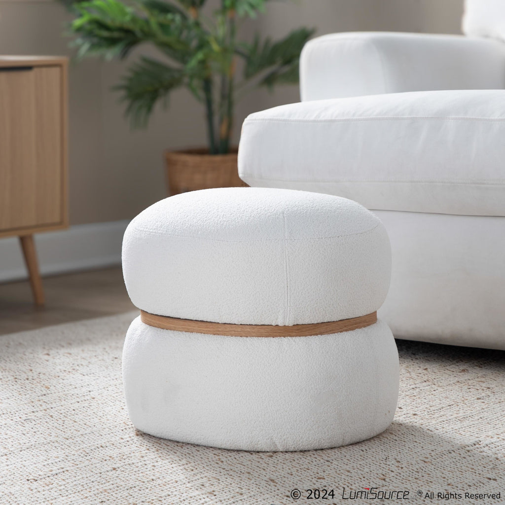 Cinch Pouf Ottoman - Natural Wood, Cream Fabric