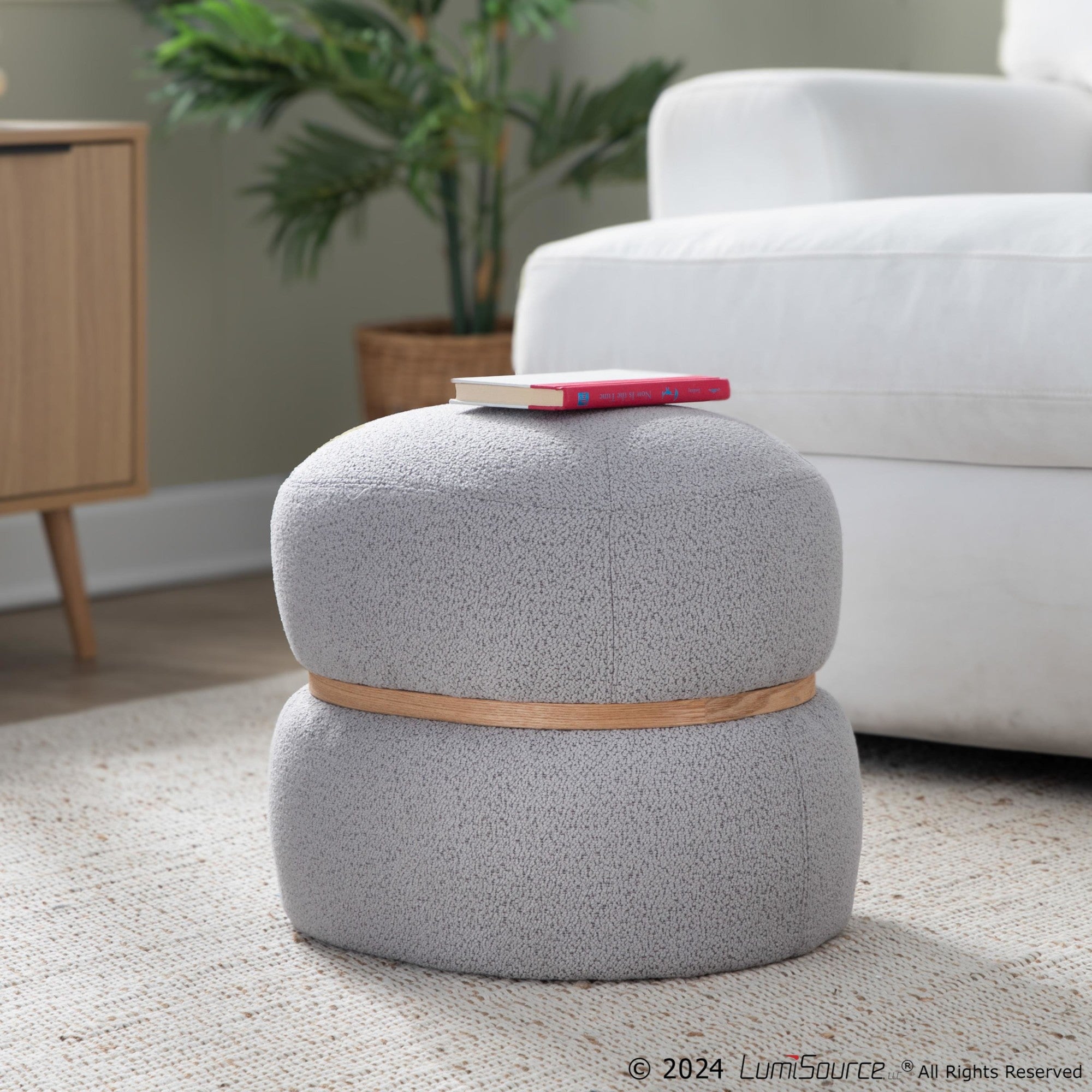 Cinch Pouf Ottoman - Natural Wood, Grey Fabric