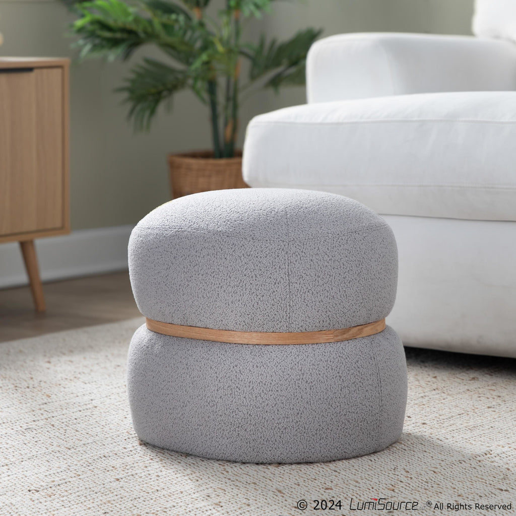 Cinch Pouf Ottoman - Natural Wood, Grey Fabric