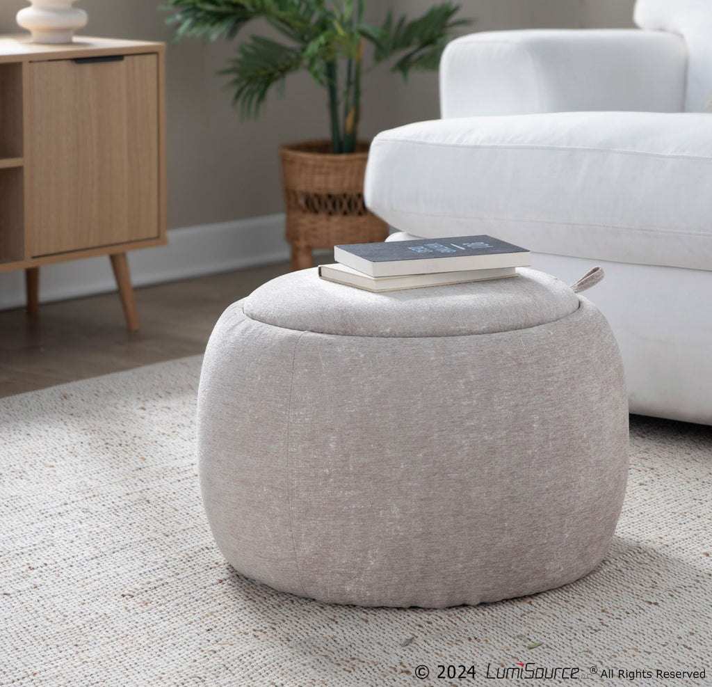Tray Pouf - Light Brown Fabric, Natural Wood