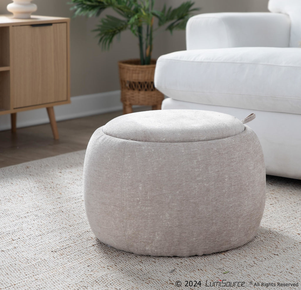 Tray Pouf - Light Brown Fabric, Natural Wood