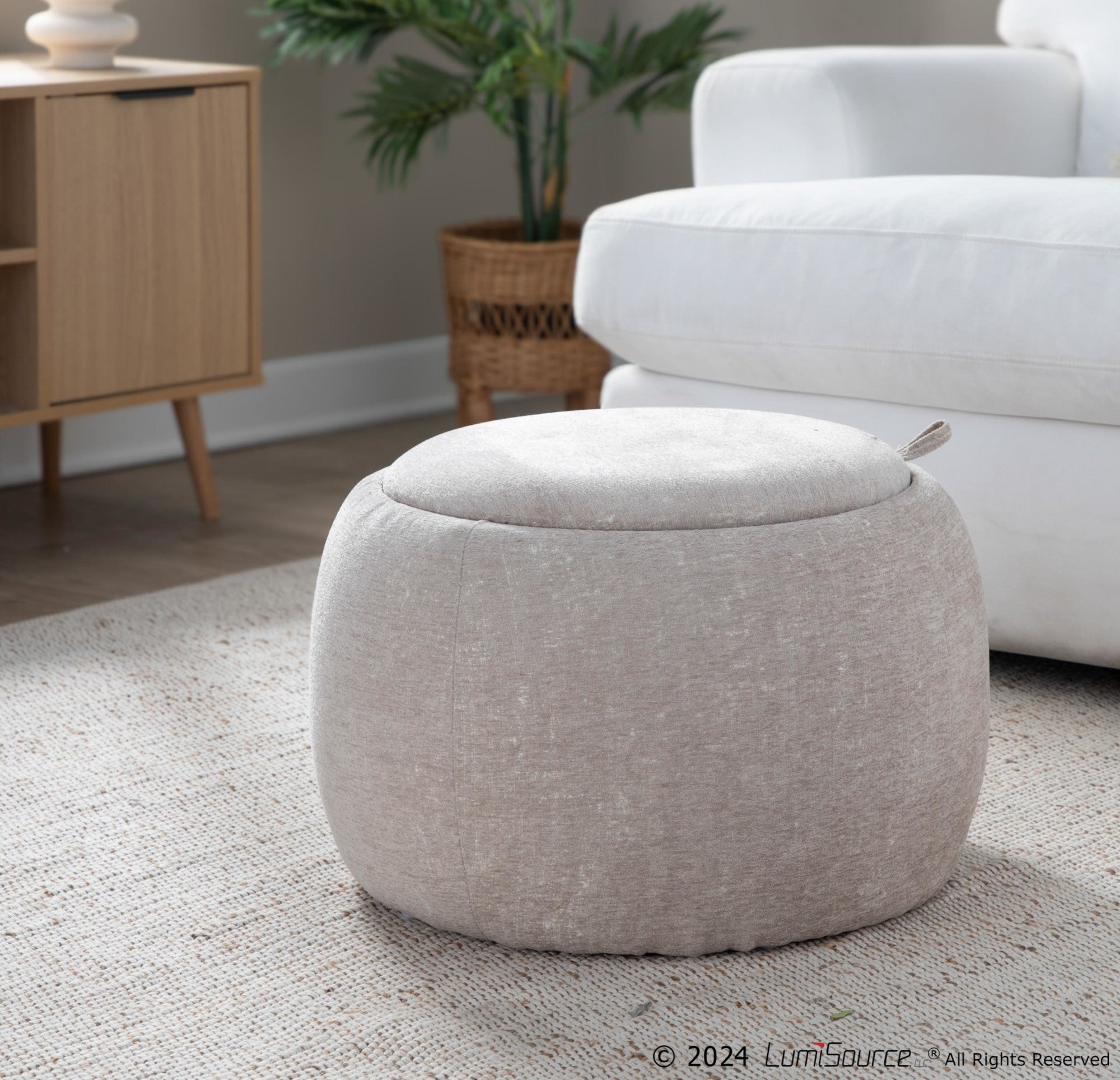 Tray Pouf - Light Brown Fabric, Natural Wood