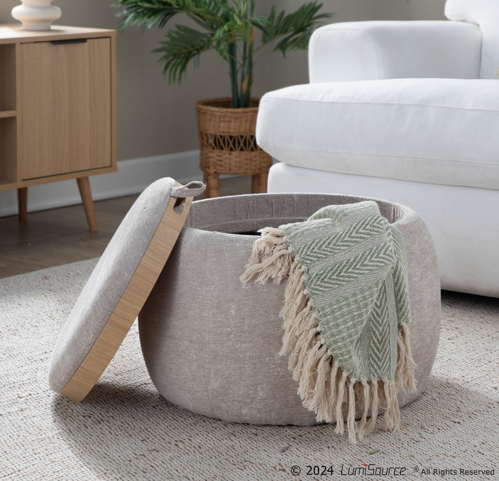 Tray Pouf - Light Brown Fabric, Natural Wood