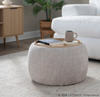 Tray Pouf - Light Brown Fabric, Natural Wood