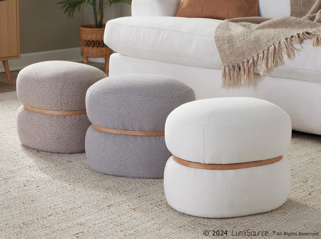 Cinch Pouf Ottoman - Natural Wood, Grey Fabric
