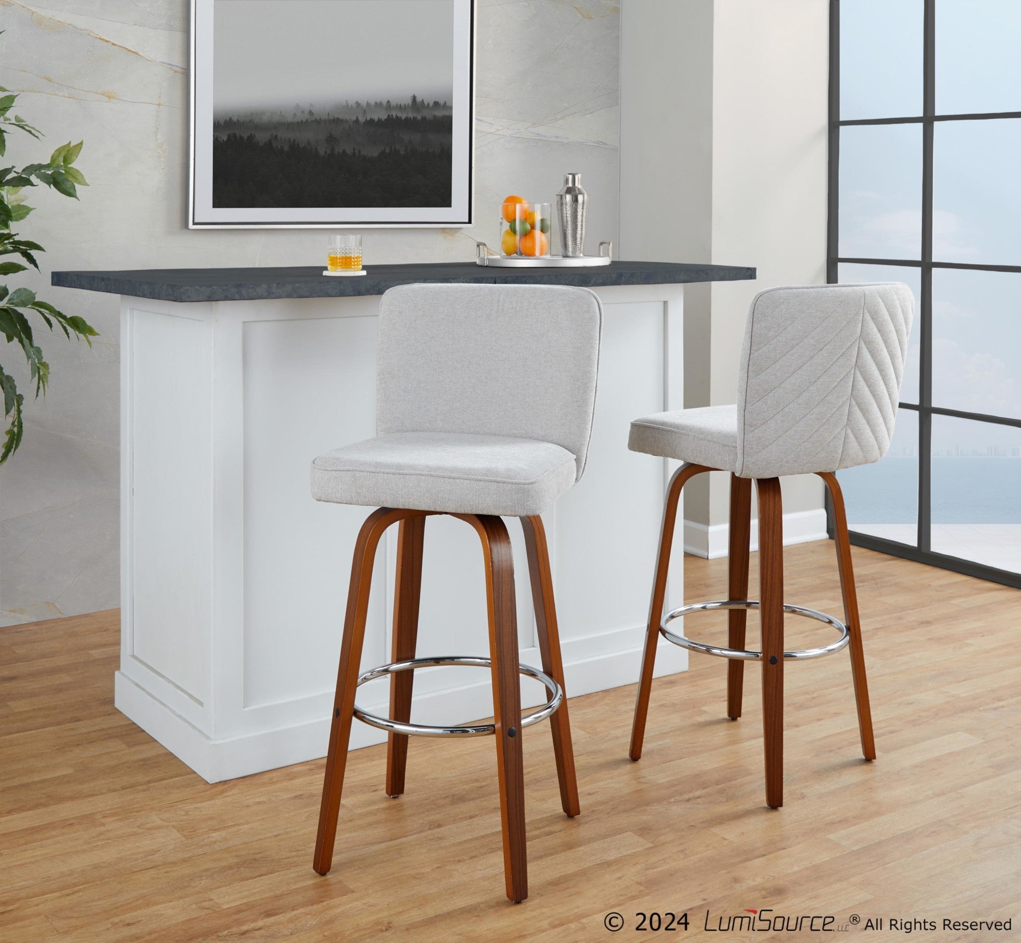 Henry 30" Fixed-Height Barstool - Set of 2 - Walnut Wood, Beige Fabric, Chrome Metal