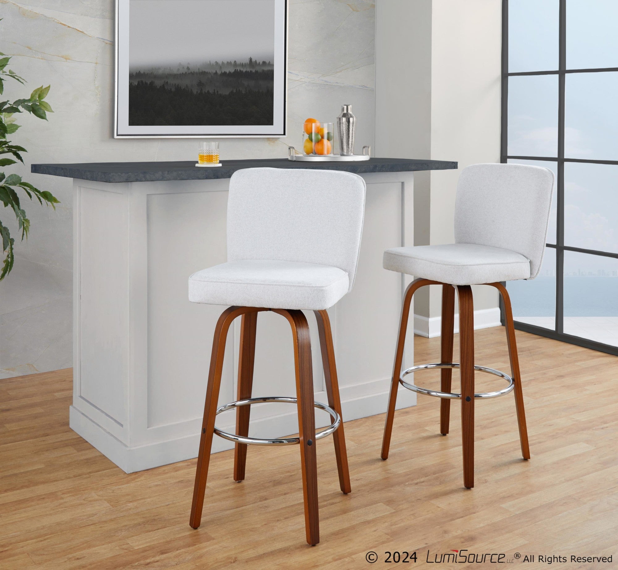 Henry 30" Fixed-Height Barstool - Set of 2 - Walnut Wood, White Fabric, Chrome Metal
