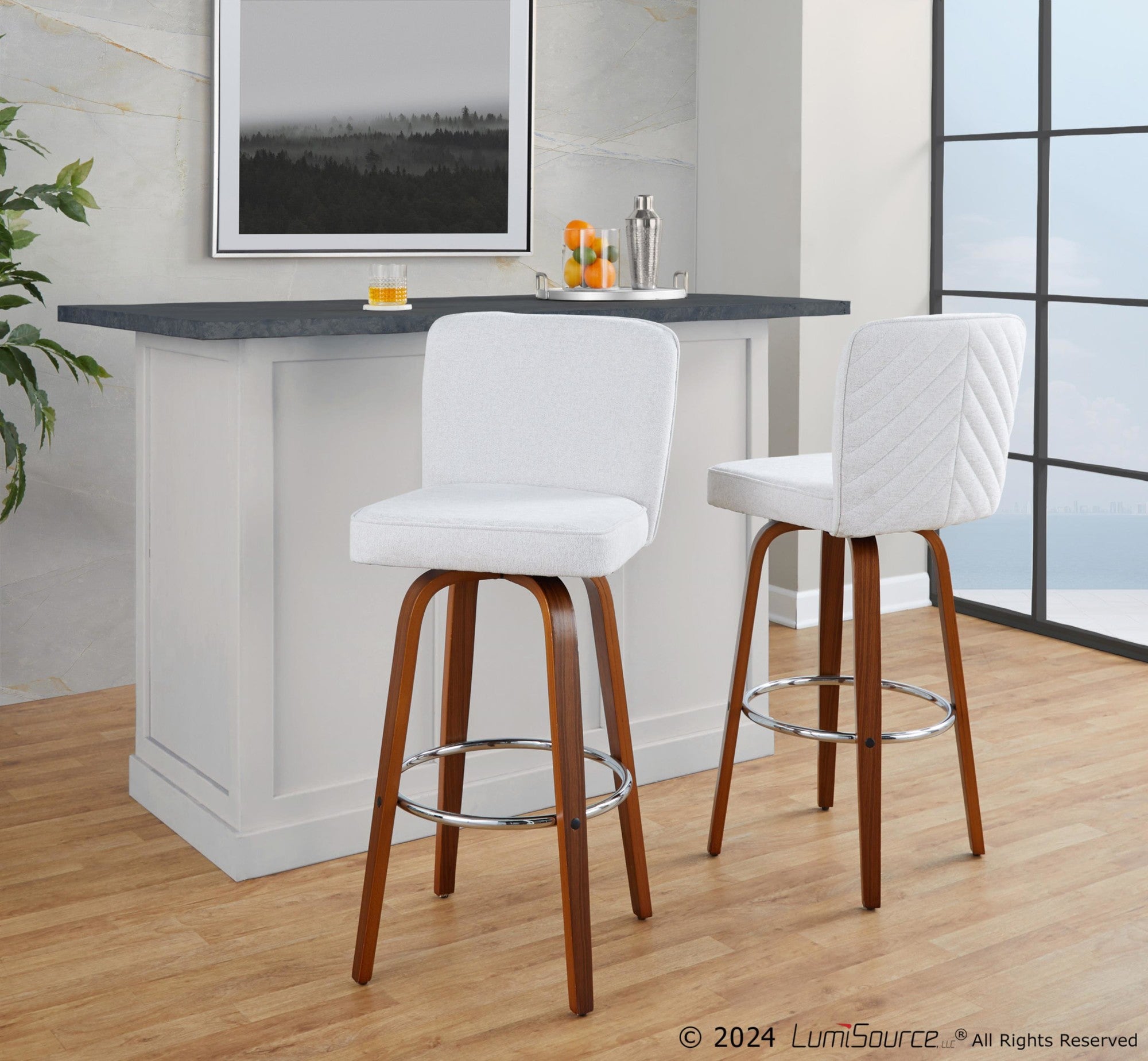 Henry 30" Fixed-Height Barstool - Set of 2 - Walnut Wood, White Fabric, Chrome Metal