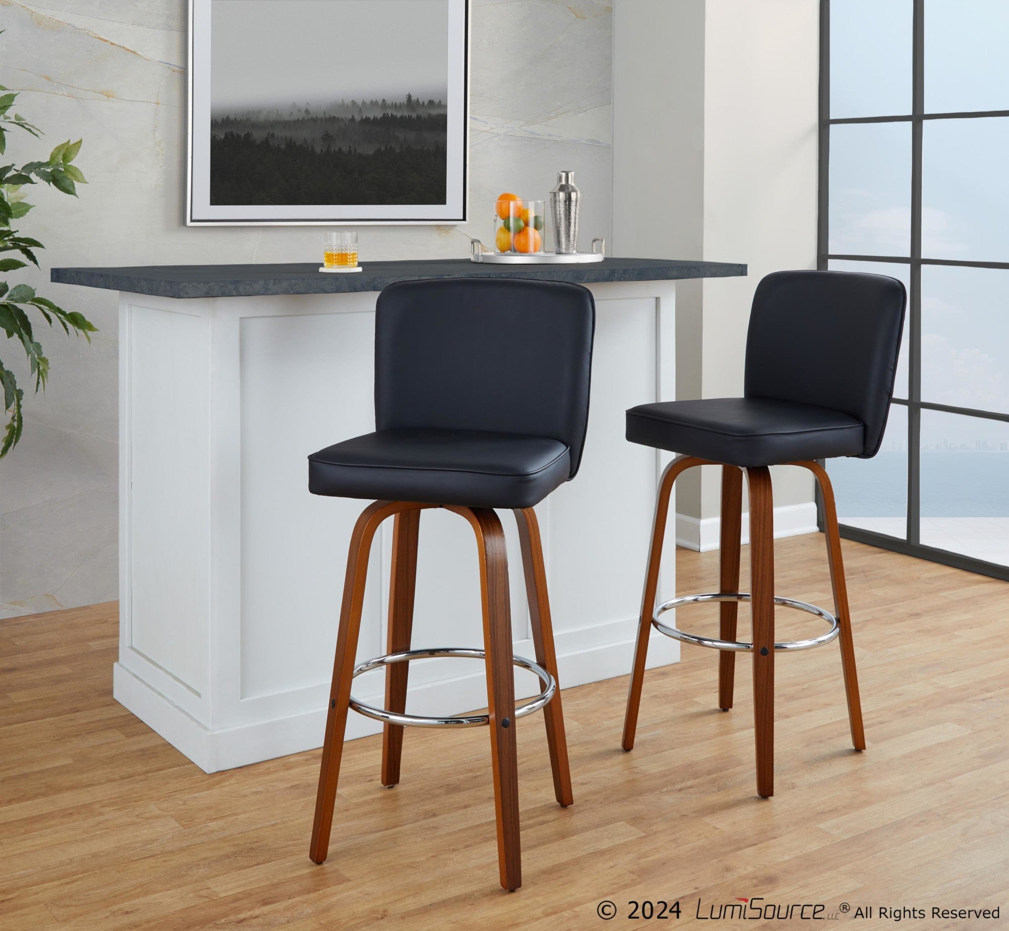 Henry 30" Fixed-Height Barstool - Set of 2 - Walnut Wood, Black PU, Chrome Metal