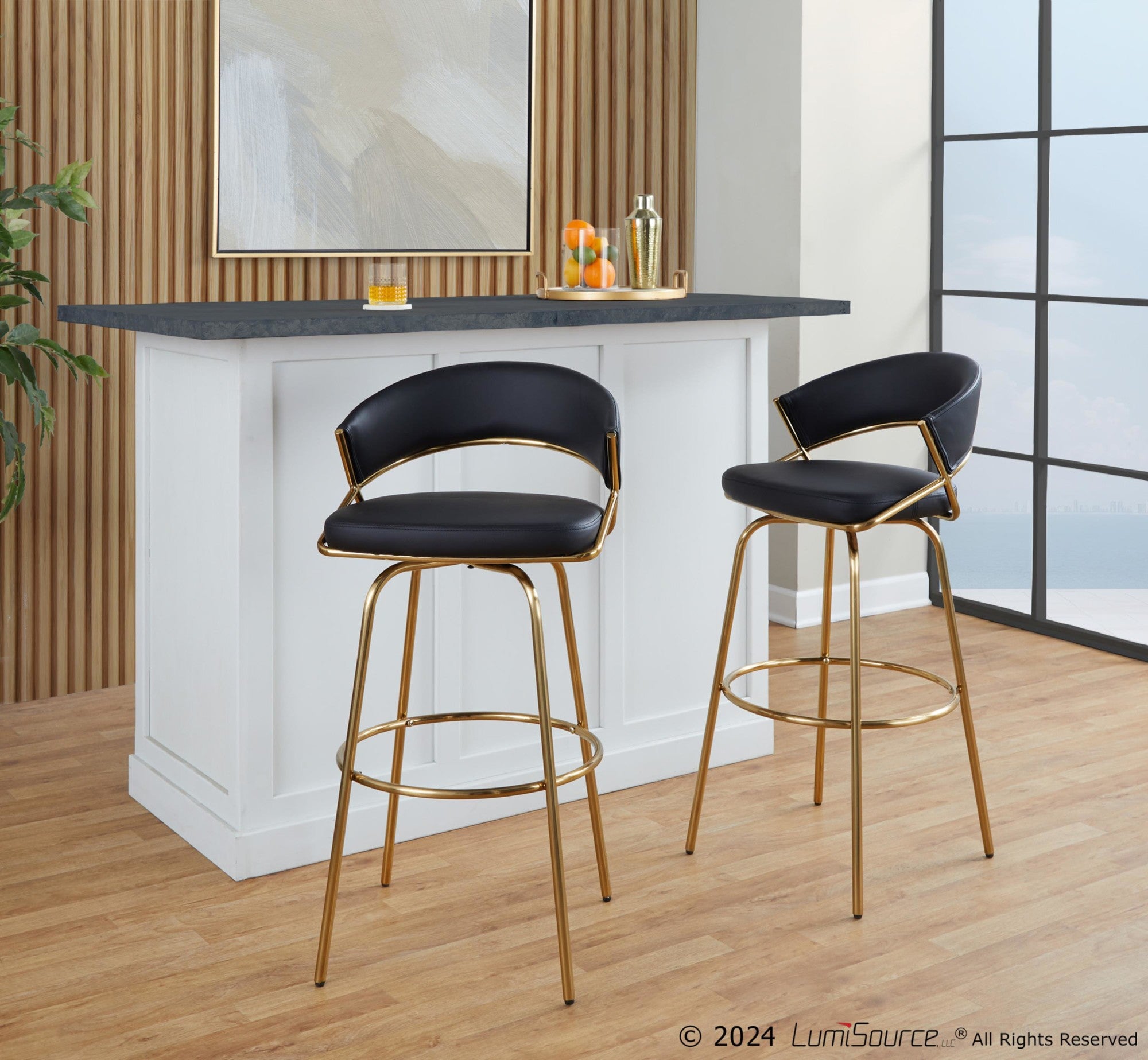 Jie 30" Fixed-Height Barstool - Set of 2 - Gold Metal, Gold Metal, Black PU