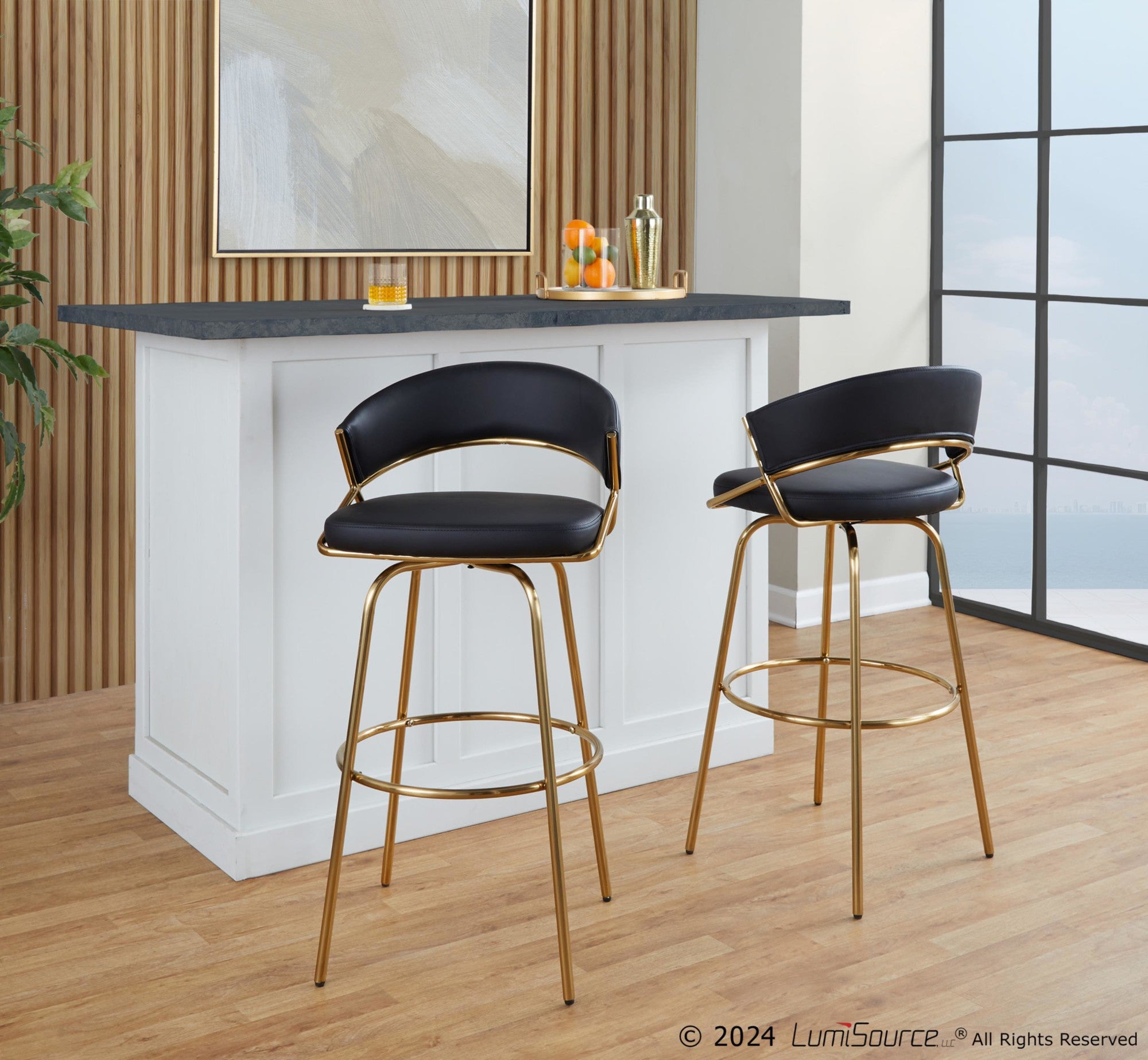 Jie 30" Fixed-Height Barstool - Set of 2 - Gold Metal, Gold Metal, Black PU