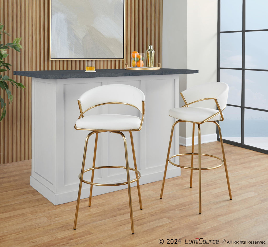 Jie 30" Fixed-Height Barstool - Set of 2 - Gold Metal, Gold Metal, White PU