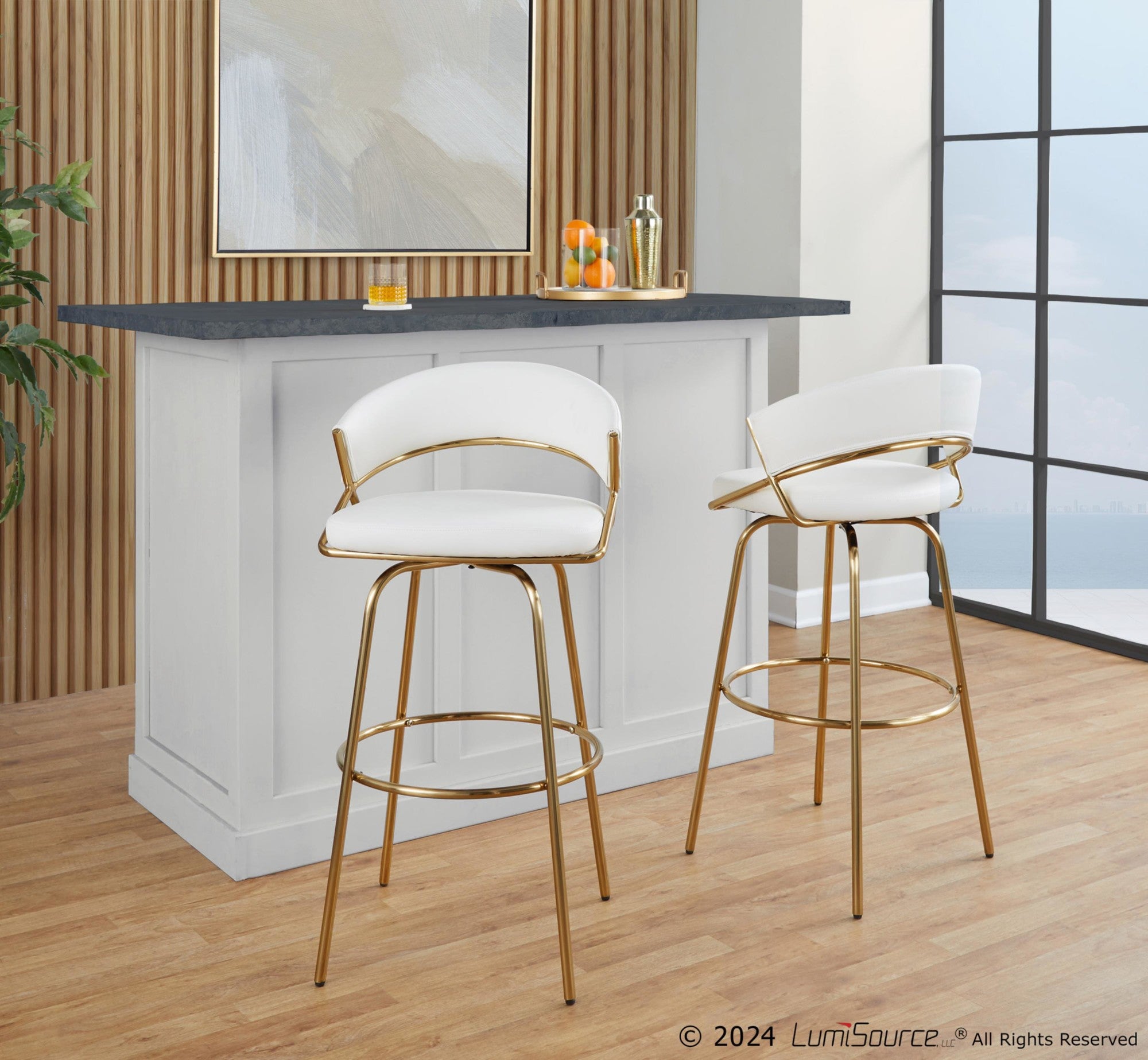 Jie 30" Fixed-Height Barstool - Set of 2 - Gold Metal, Gold Metal, White PU