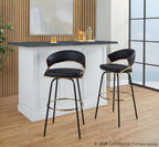 Jie 30" Fixed-Height Barstool - Set of 2 - Black Metal, Gold Metal, Black PU