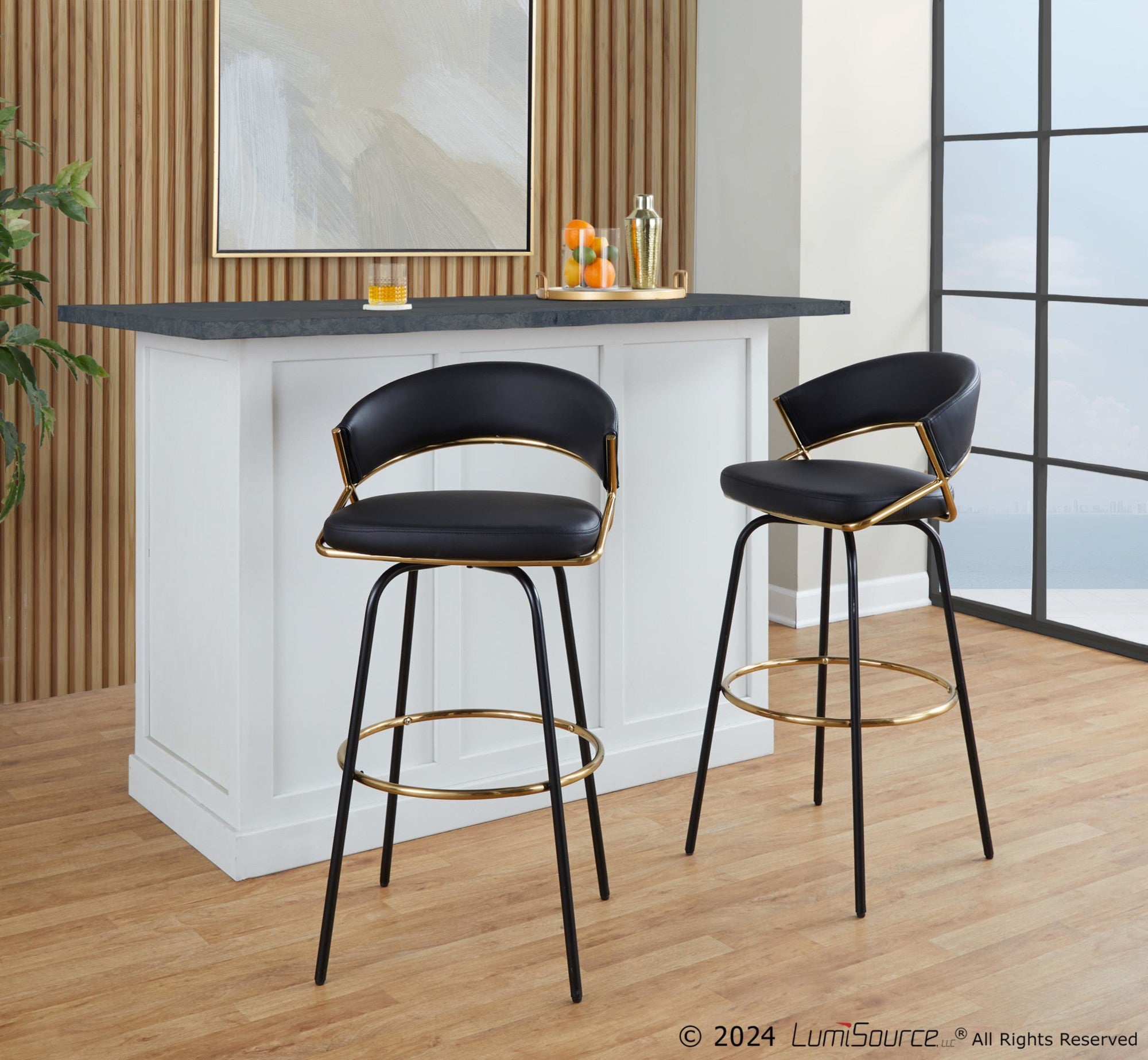 Jie 30" Fixed-Height Barstool - Set of 2 - Black Metal, Gold Metal, Black PU