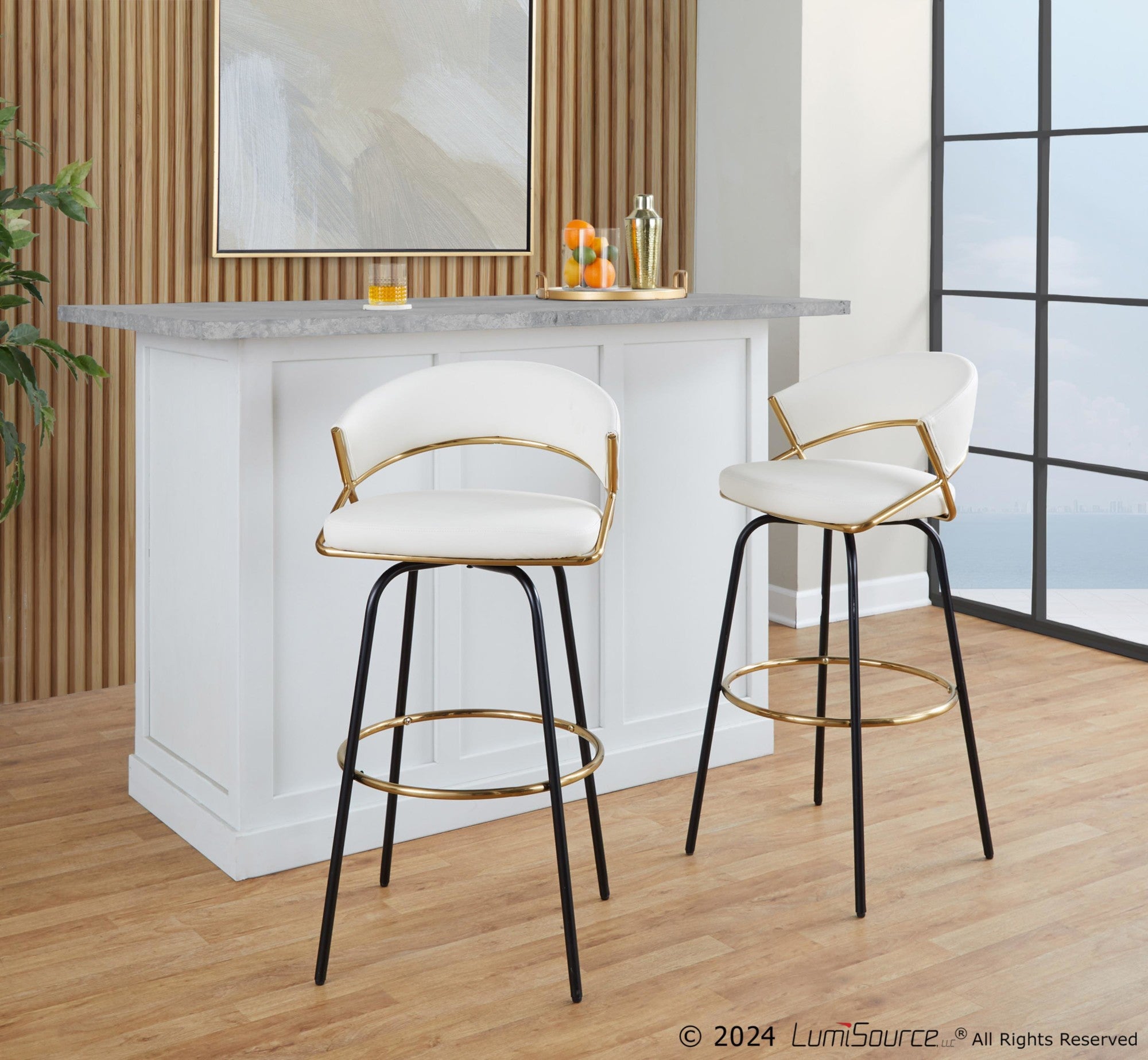 Jie 30" Fixed-Height Barstool - Set of 2 - Black Metal, Gold Metal, White PU