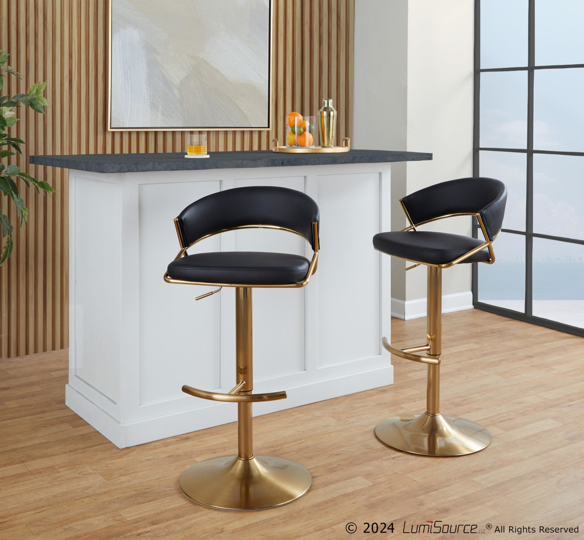 Jie Adjustable Barstool - Set of 2 - Gold Metal, Black PU