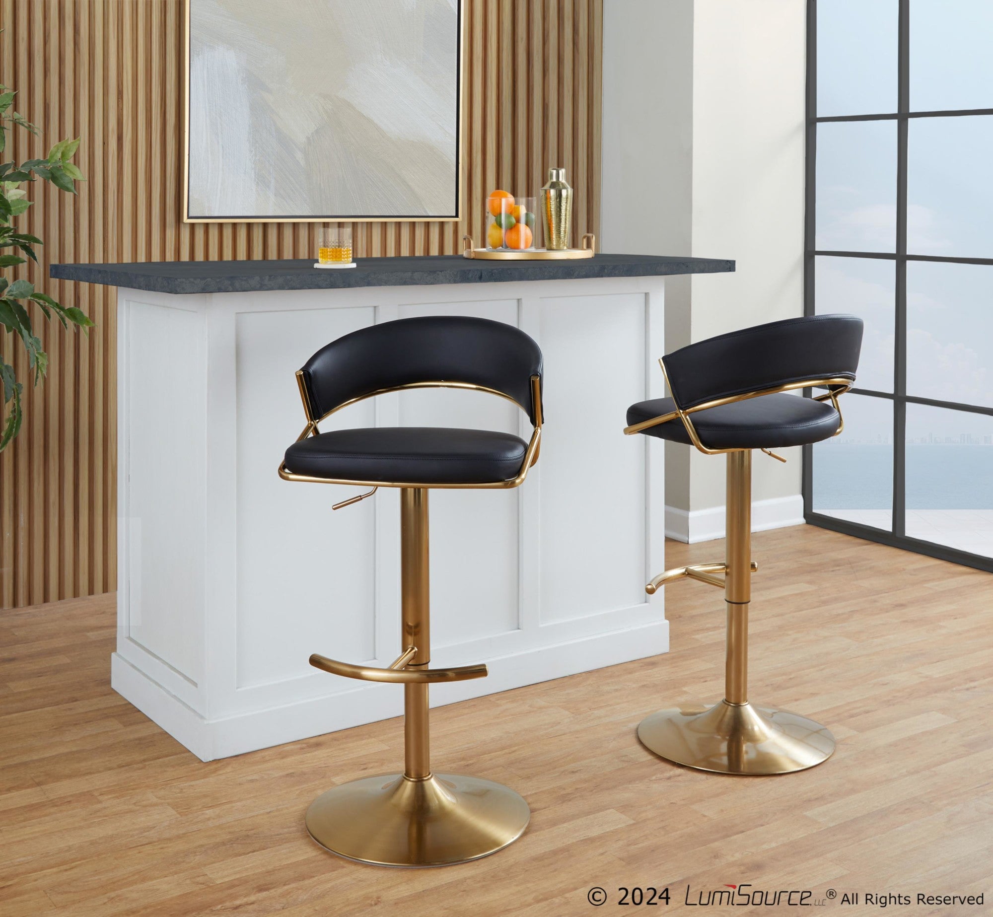 Jie Adjustable Barstool - Set of 2 - Gold Metal, Black PU