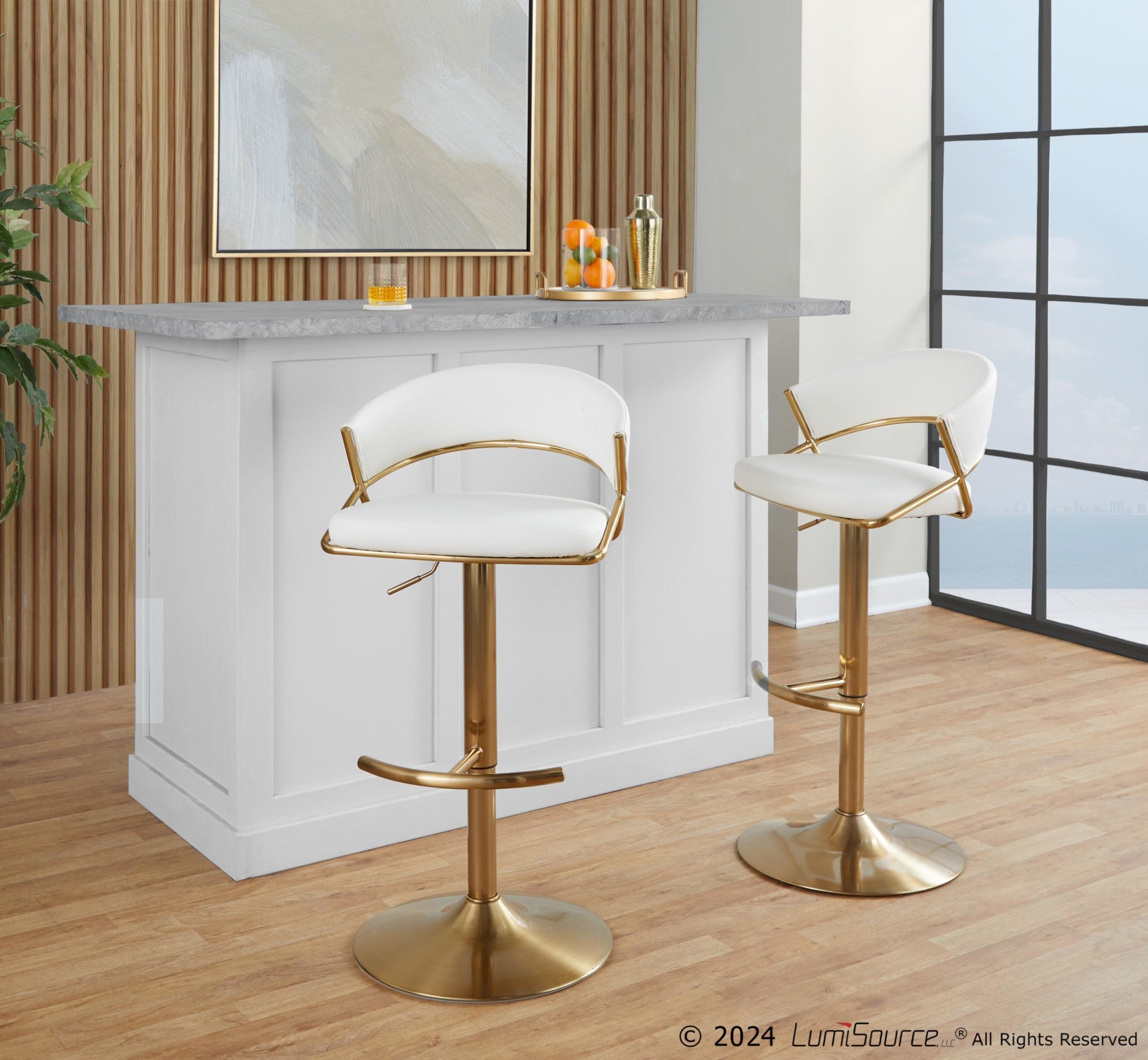 Jie Adjustable Barstool - Set of 2 - Gold Metal, White PU