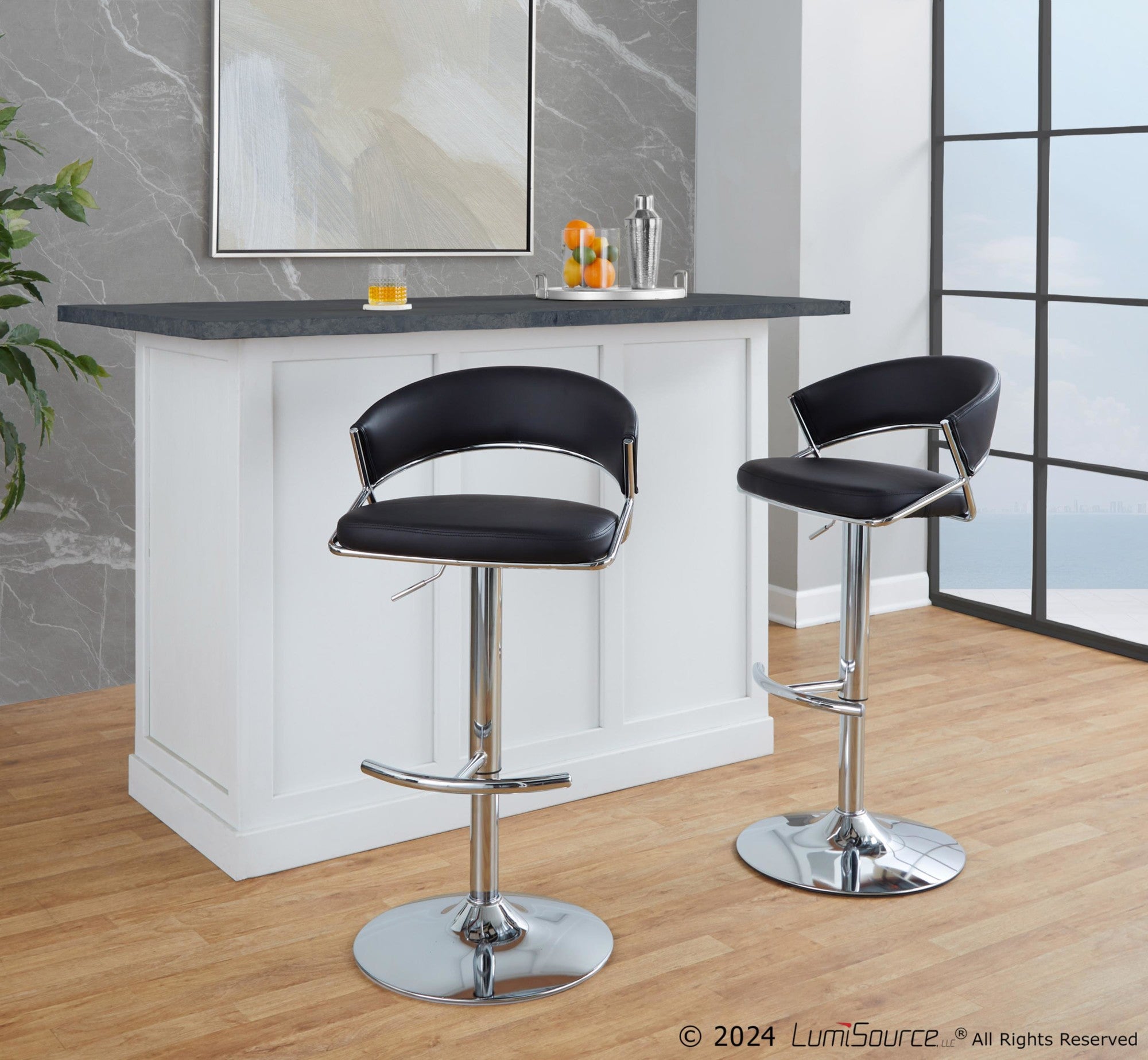 Jie Adjustable Barstool - Set of 2 - Chrome Metal, Black PU