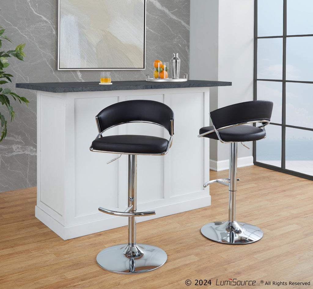 Jie Adjustable Barstool - Set of 2 - Chrome Metal, Black PU