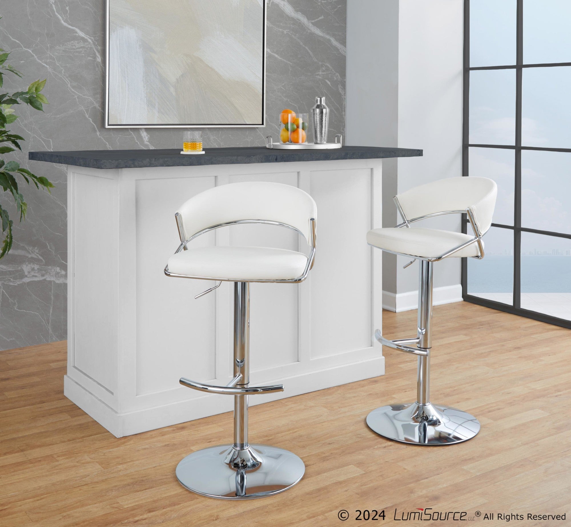 Jie Adjustable Barstool - Set of 2 - Chrome Metal, White PU