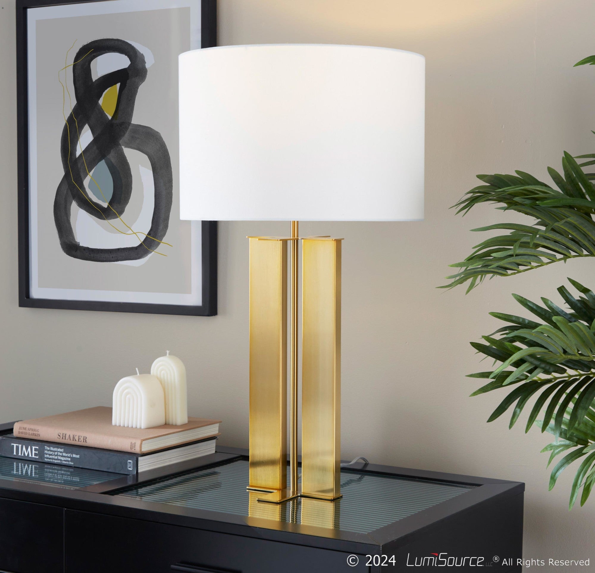 Cosmo 28" Metal Table Lamp - Antique Brass, White Linen