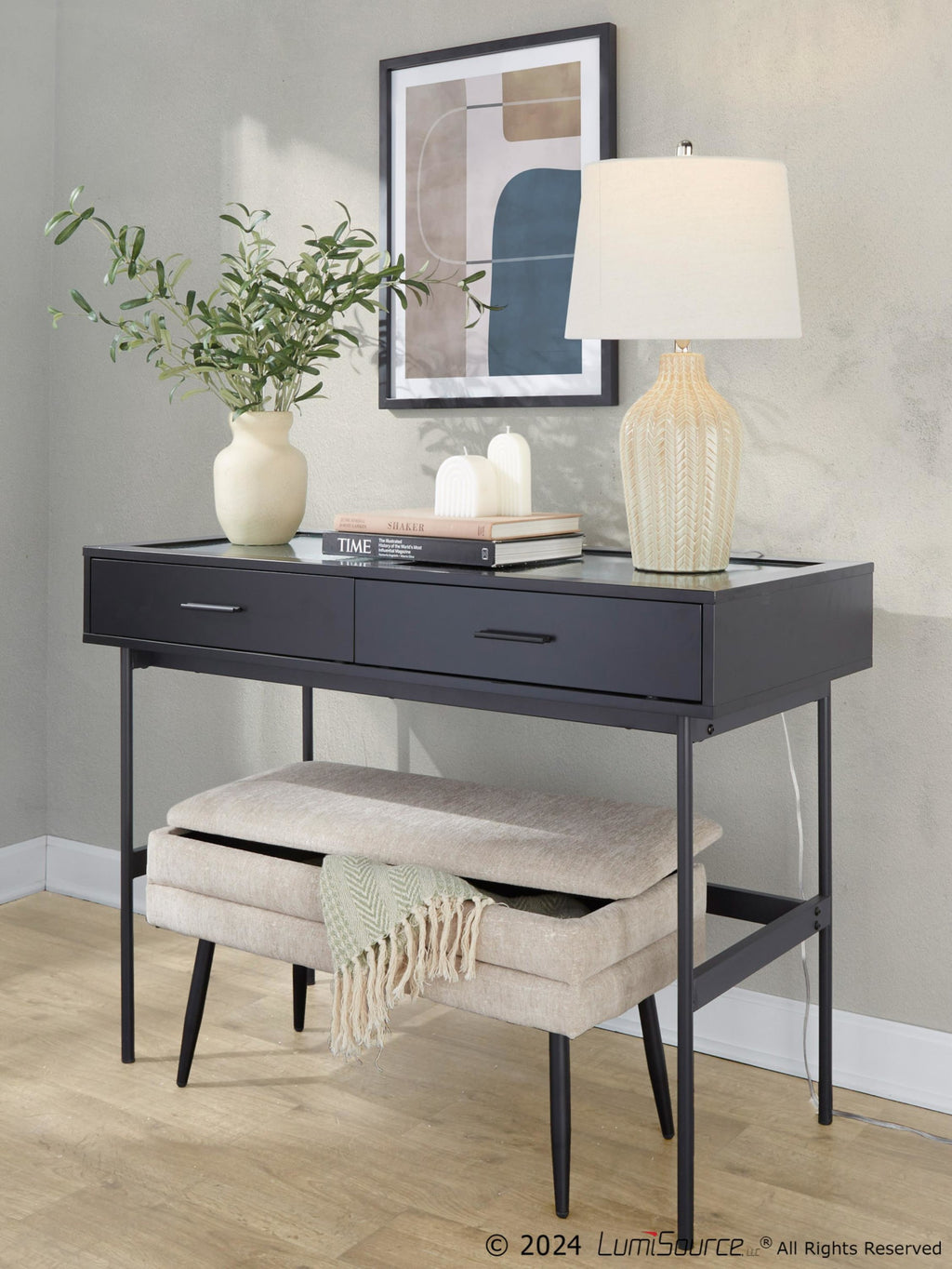 Neapolitan Storage Bench - Black Metal, Light Brown Fabric