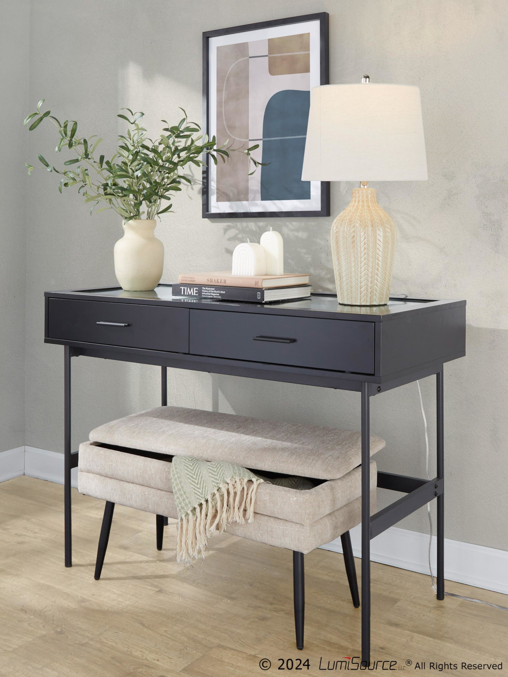 Neapolitan Storage Bench - Black Metal, Light Brown Fabric