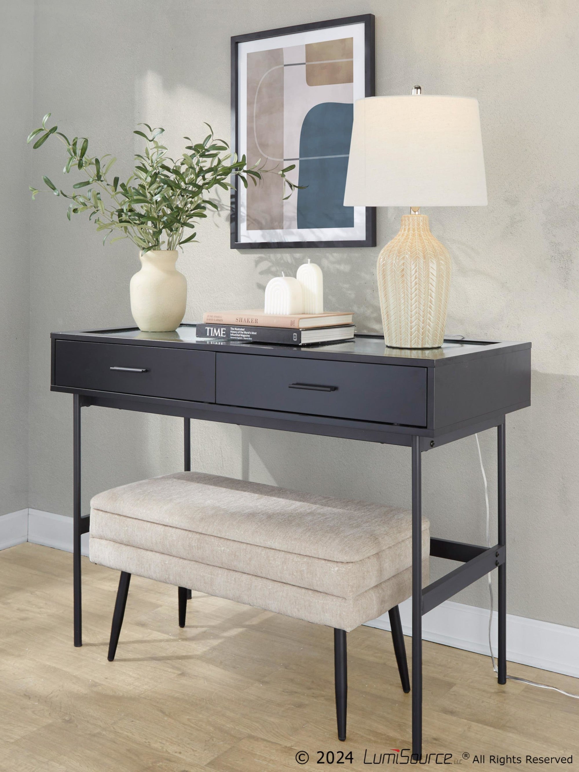 Neapolitan Storage Bench - Black Metal, Light Brown Fabric