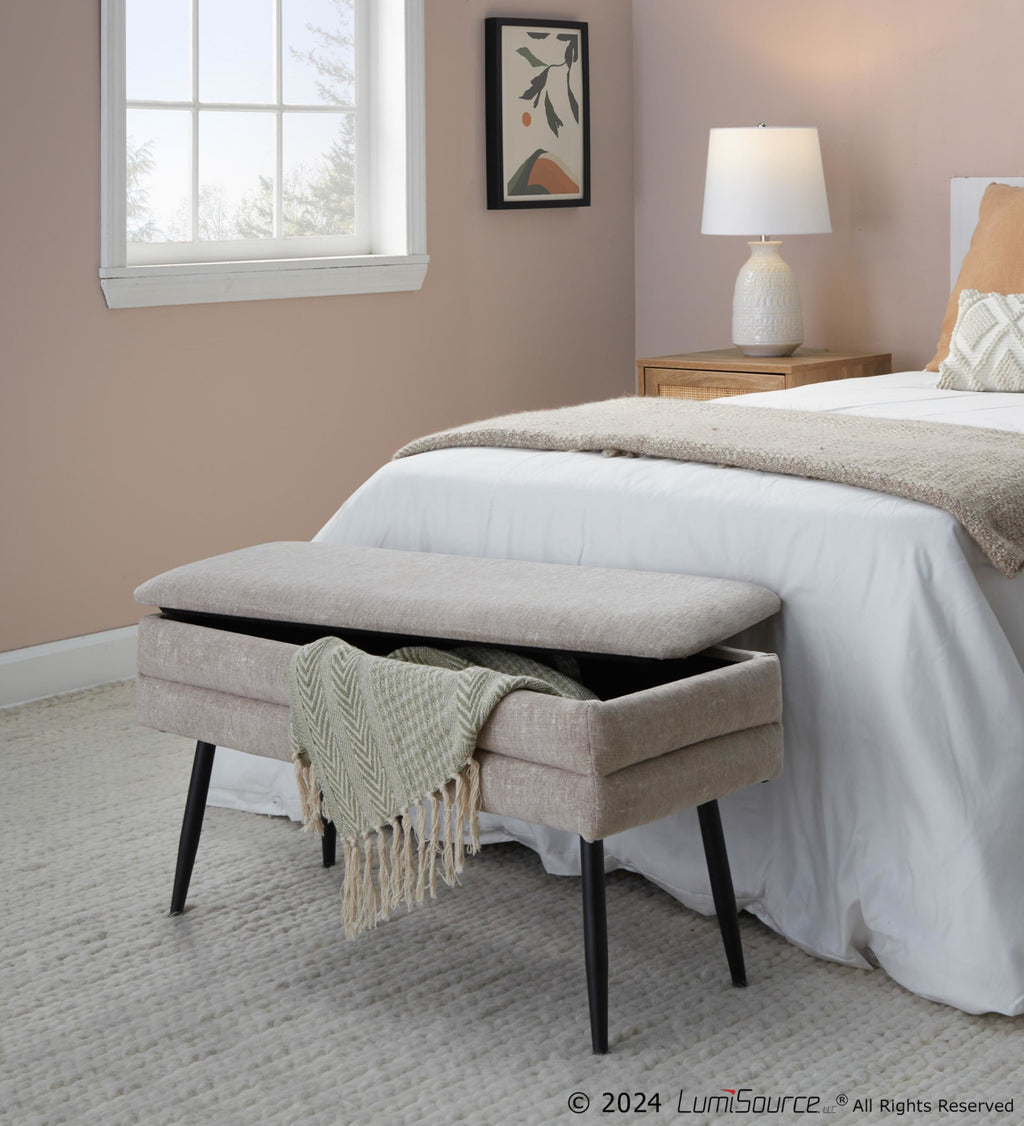 Neapolitan Storage Bench - Black Metal, Light Brown Fabric