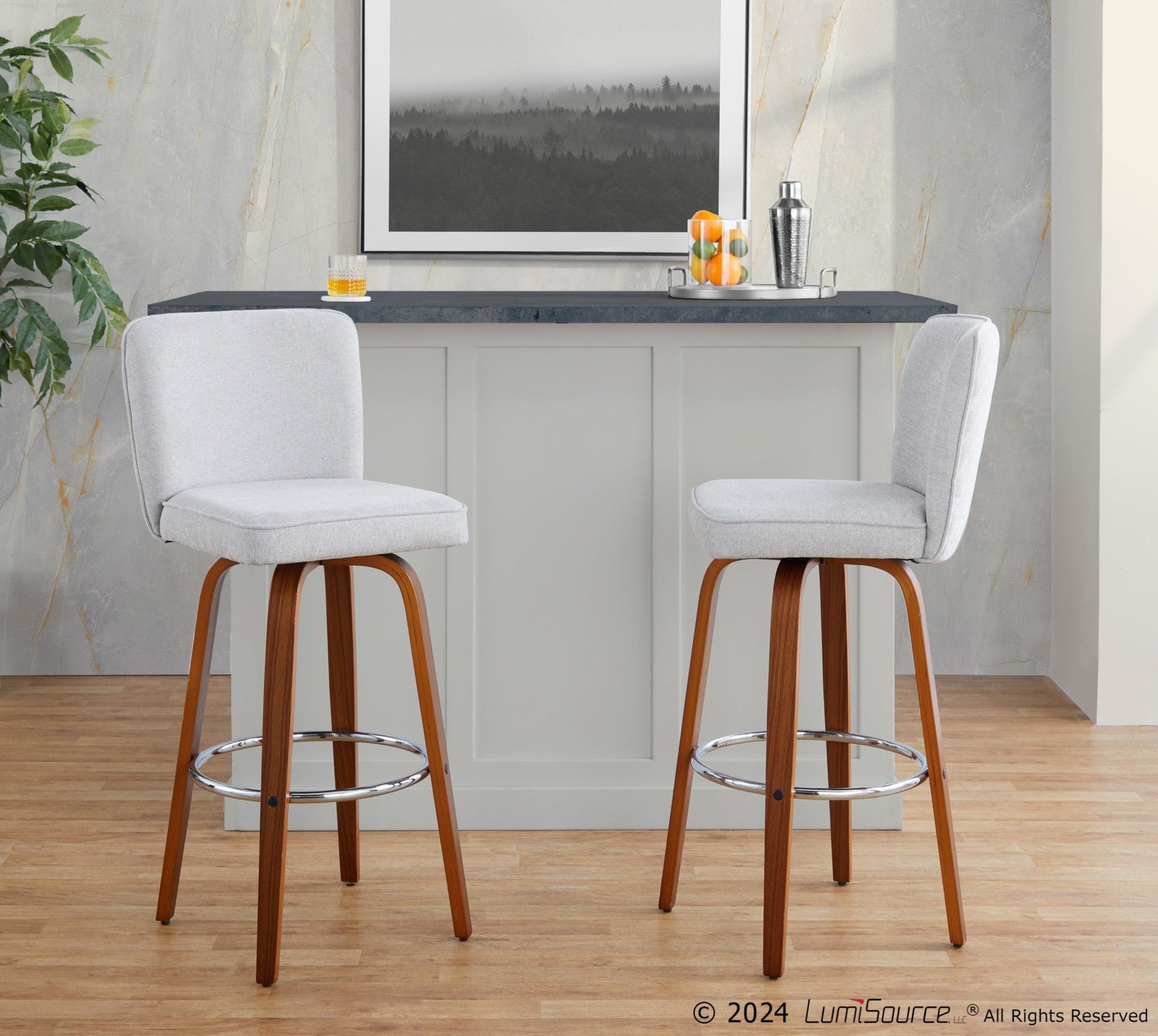 Henry 30" Fixed-Height Barstool - Set of 2 - Walnut Wood, Beige Fabric, Chrome Metal