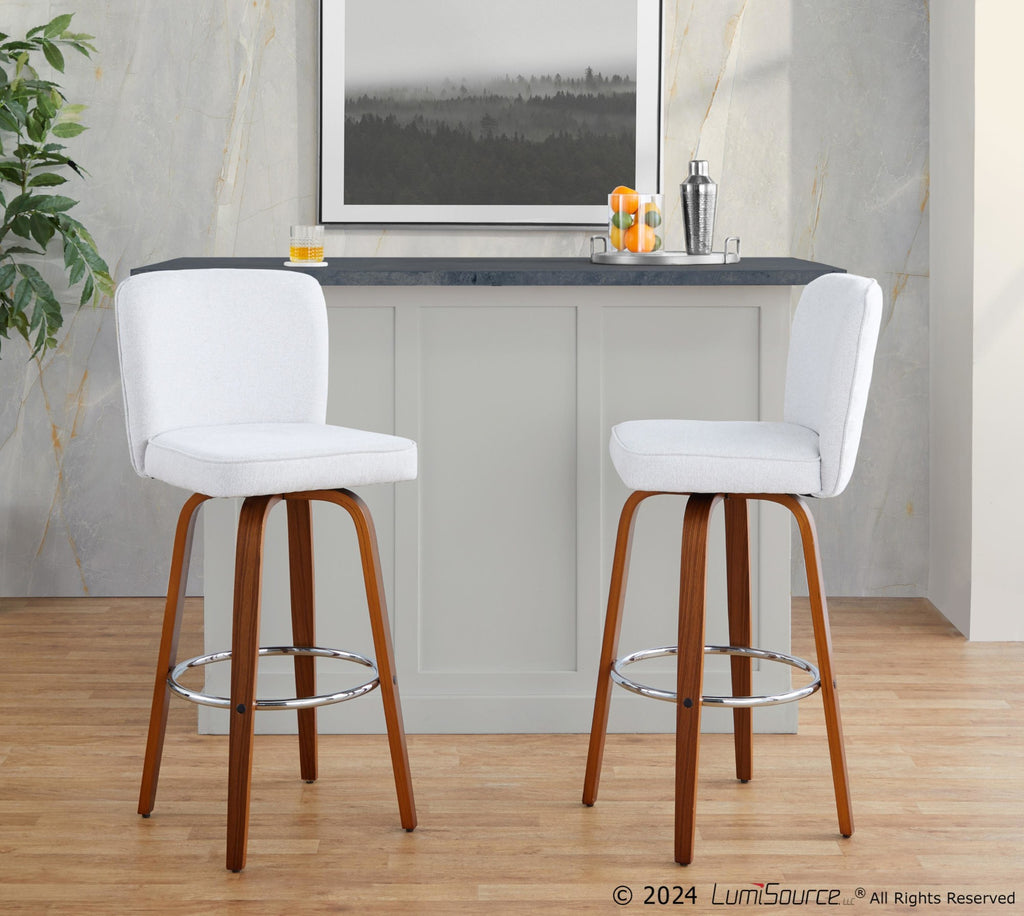 Henry 30" Fixed-Height Barstool - Set of 2 - Walnut Wood, White Fabric, Chrome Metal